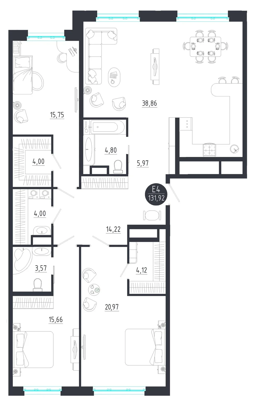 Планировка Квартира с тремя спальнями и гостиной 39 м² (Евро-4)