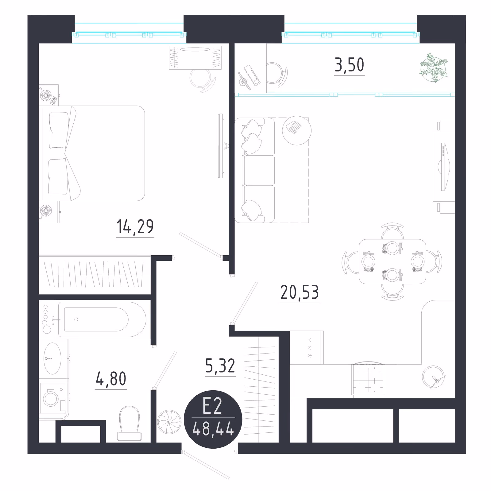 Планировка Квартира с одной спальней и гостиной 24 м² (Евро-2)