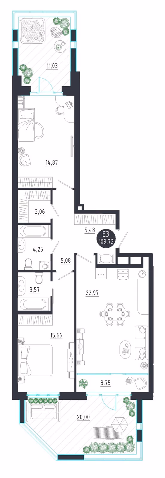 Планировка Квартира с двумя спальнями и гостиной 27 м² (Евро-3)