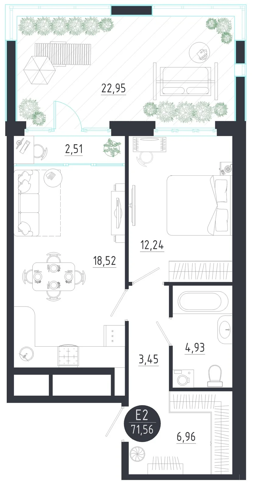 Планировка Квартира с одной спальней и гостиной 21 м² (Евро-2)