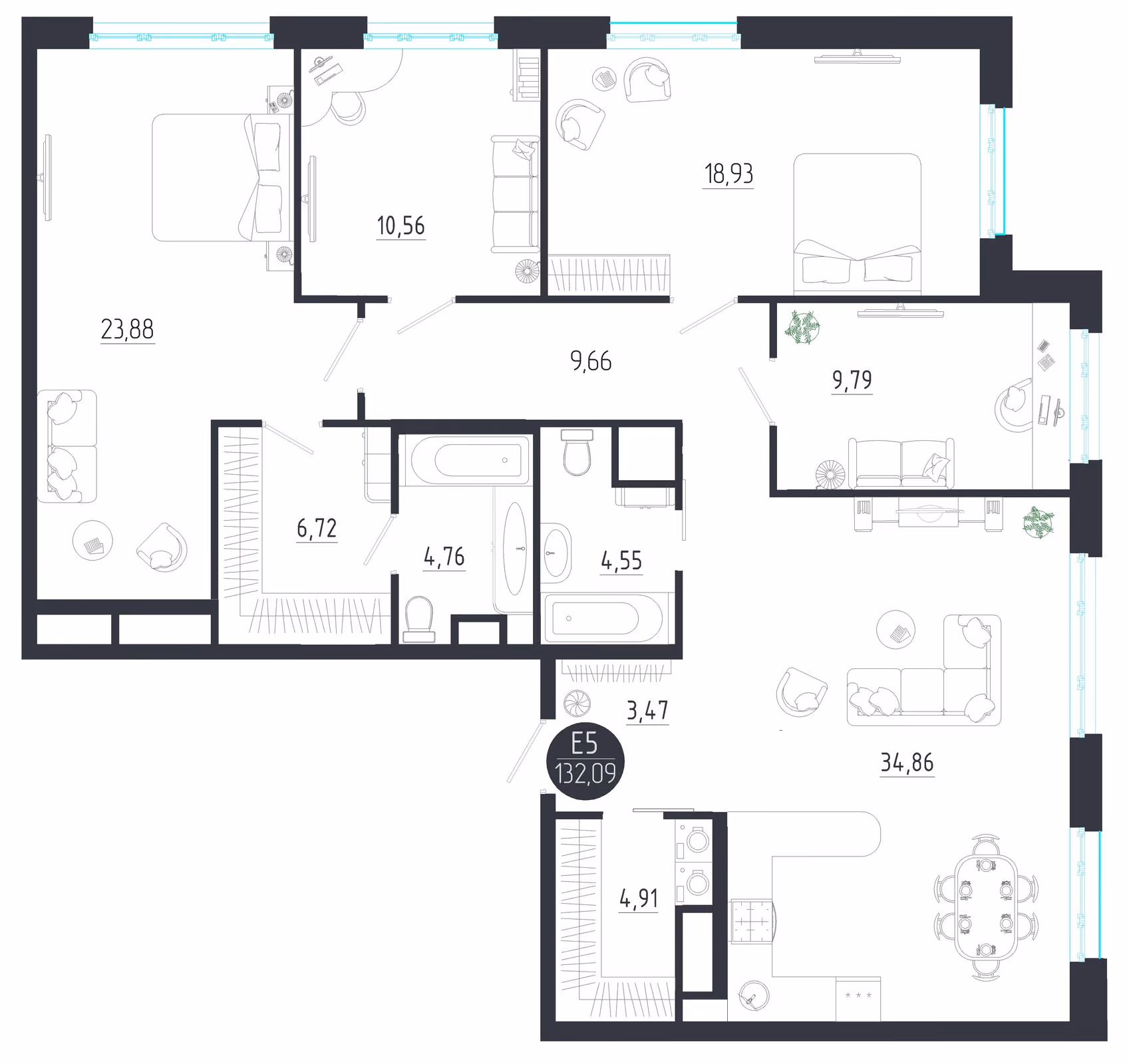 Планировка Квартира с четырьмя спальнями и гостиной 35 м² (Евро-5)