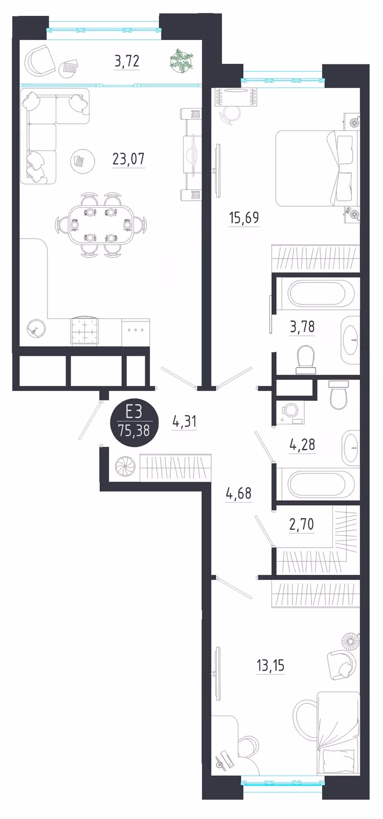Планировка Квартира с двумя спальнями и гостиной 27 м² (Евро-3)