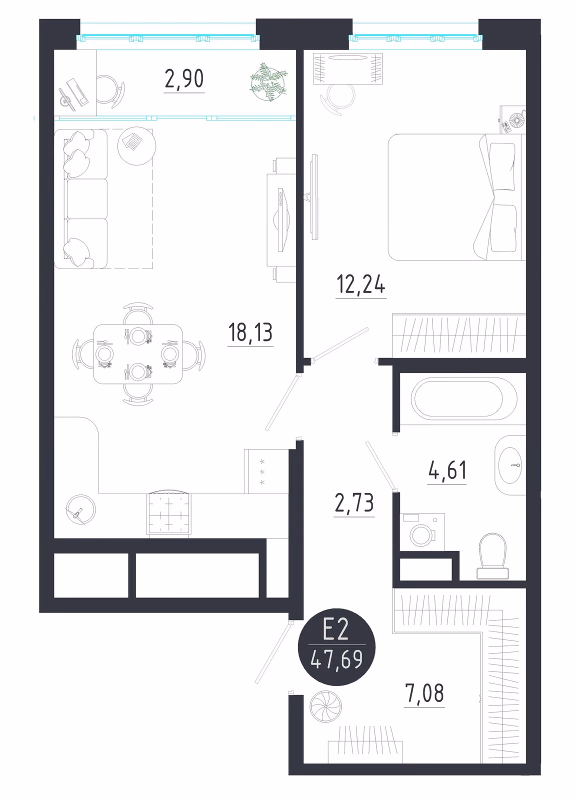 Планировка Квартира с одной спальней и гостиной 21 м² (Евро-2)