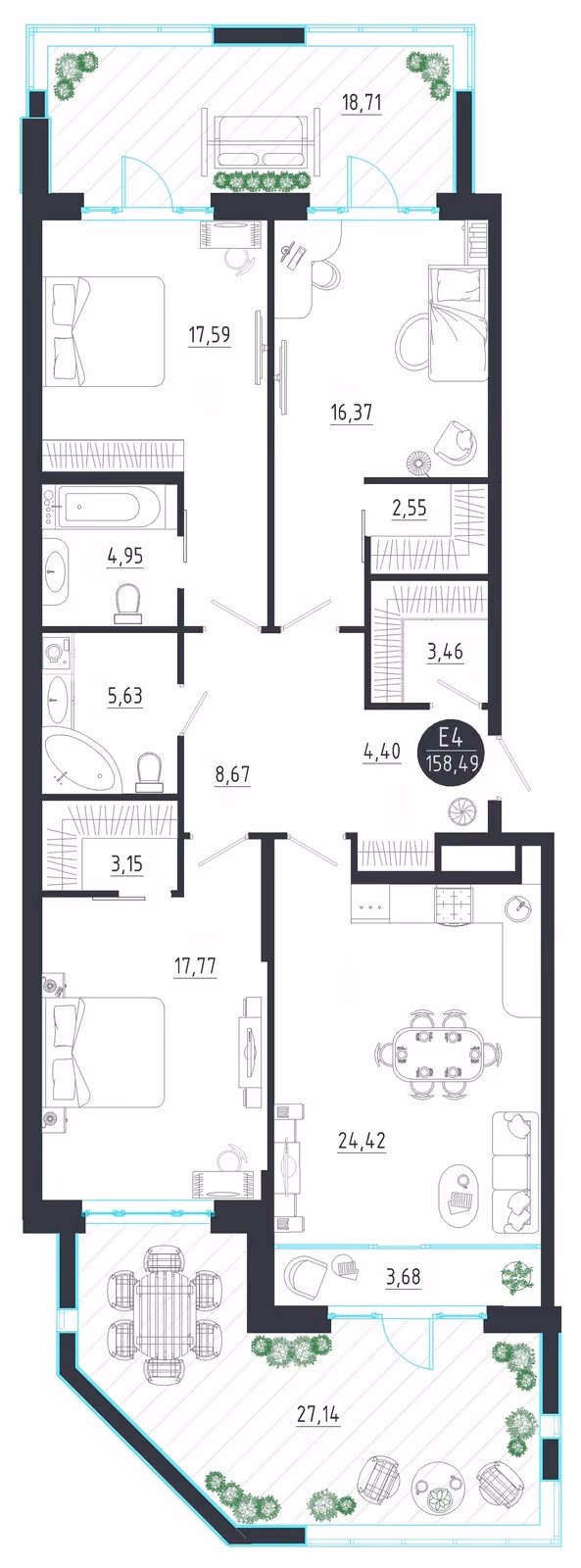 Планировка Квартира с тремя спальнями и гостиной 28 м² (Евро-4)