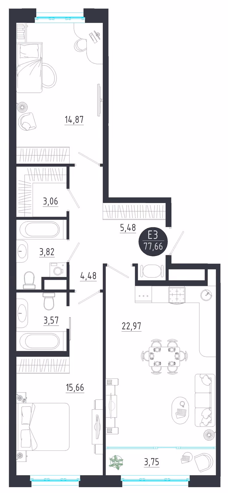 Планировка Квартира с двумя спальнями и гостиной 27 м² (Евро-3)