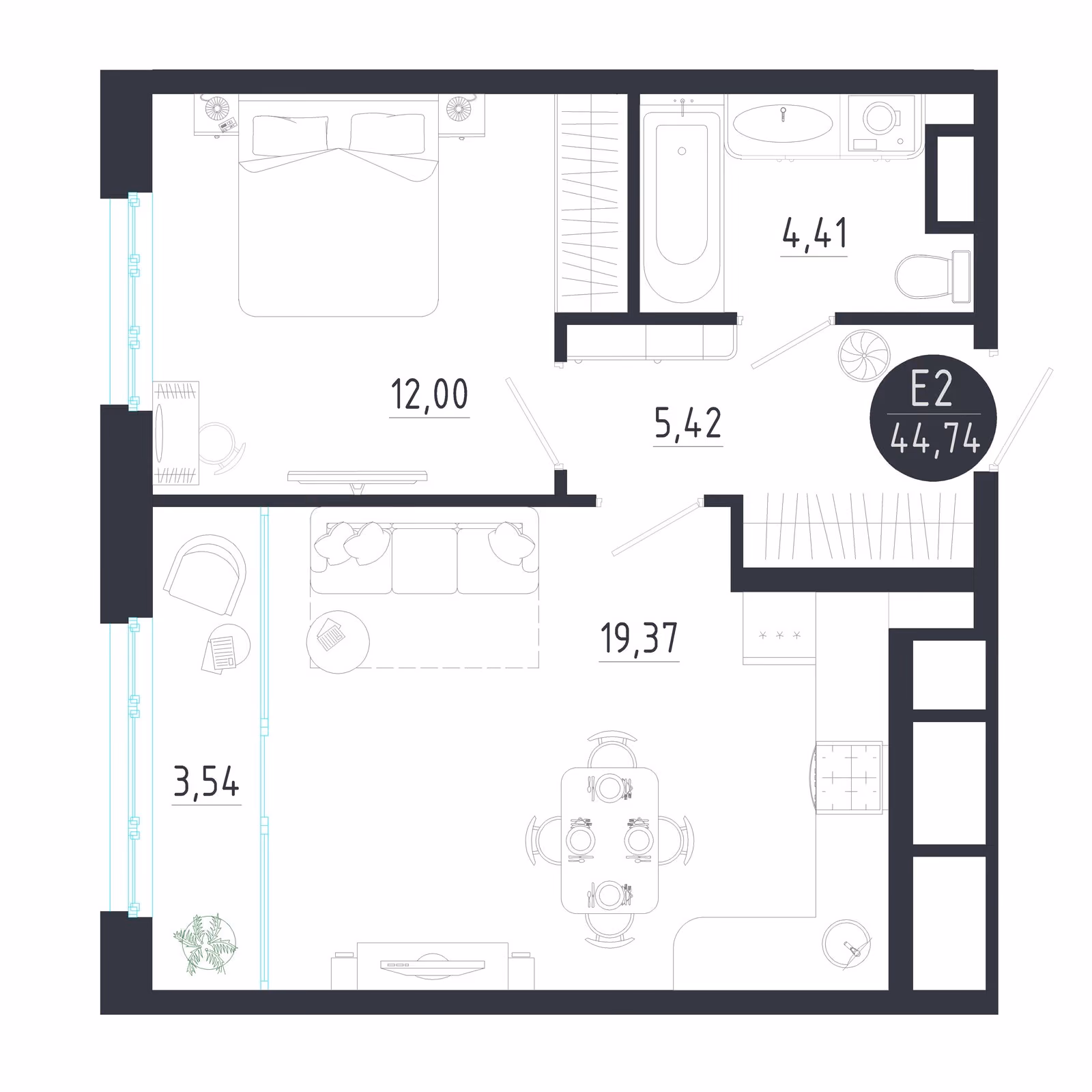 Планировка Квартира с одной спальней и гостиной 23 м² (Евро-2)