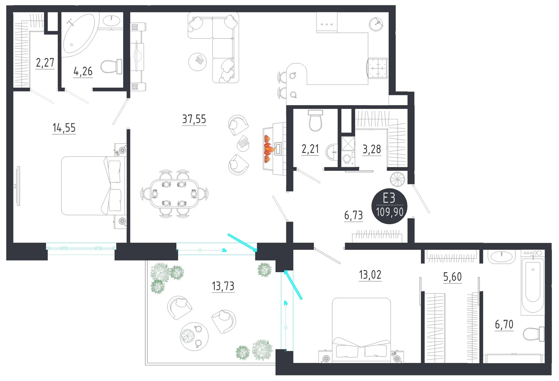 Планировка Квартира с двумя спальнями и гостиной 38 м² (Евро-3)