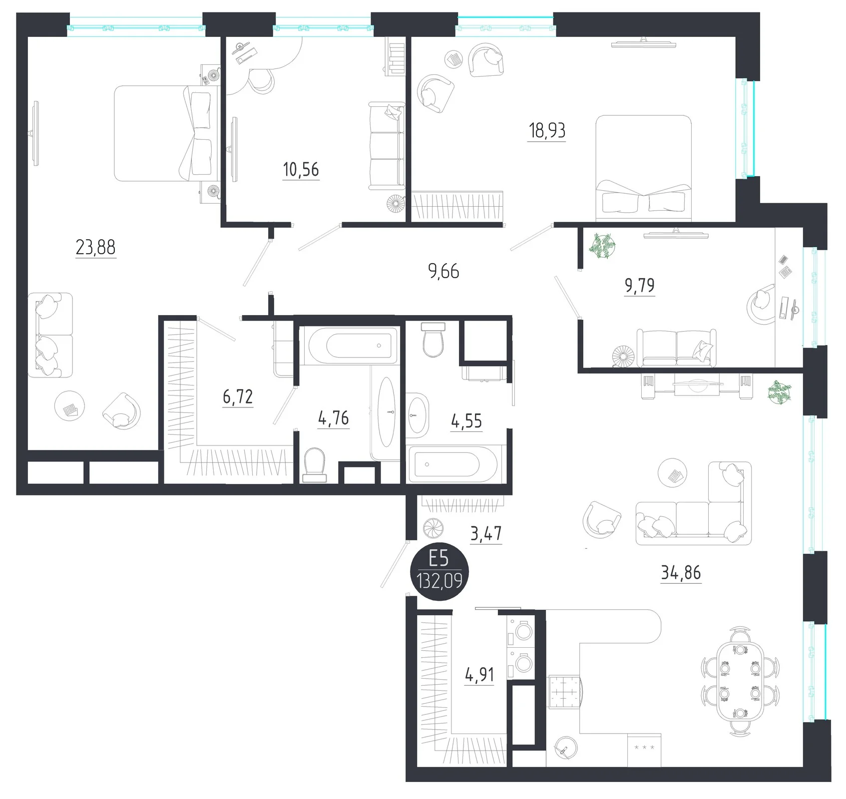 Планировка Квартира с четырьмя спальнями и гостиной 35 м² (Евро-5)