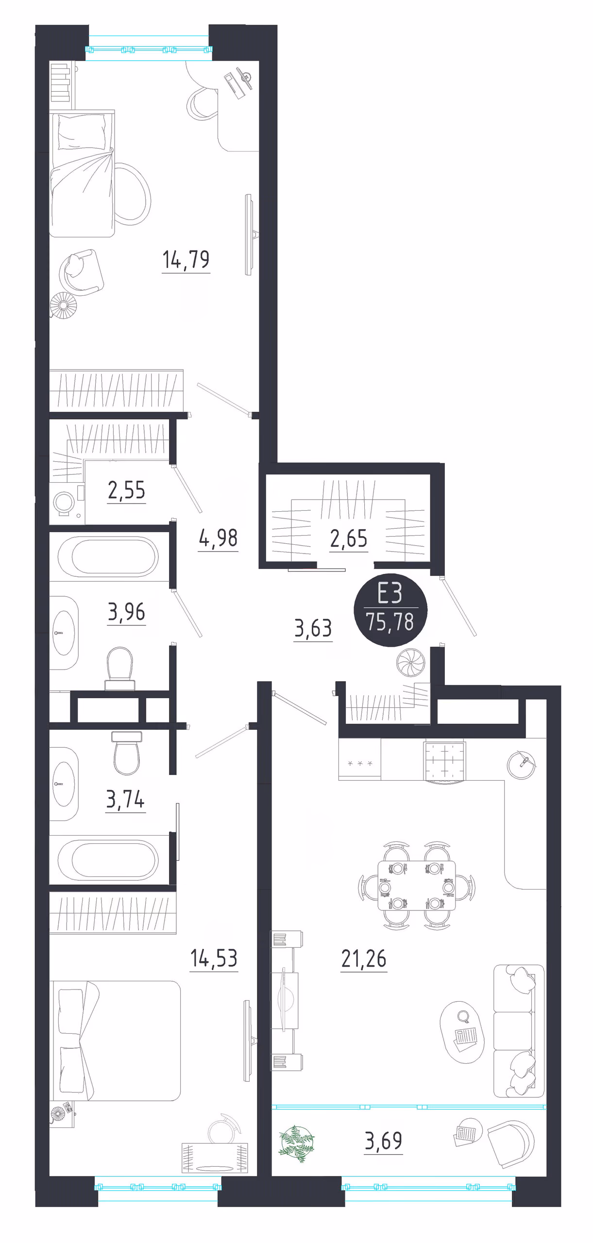 Планировка Квартира с двумя спальнями и гостиной 25 м² (Евро-3)