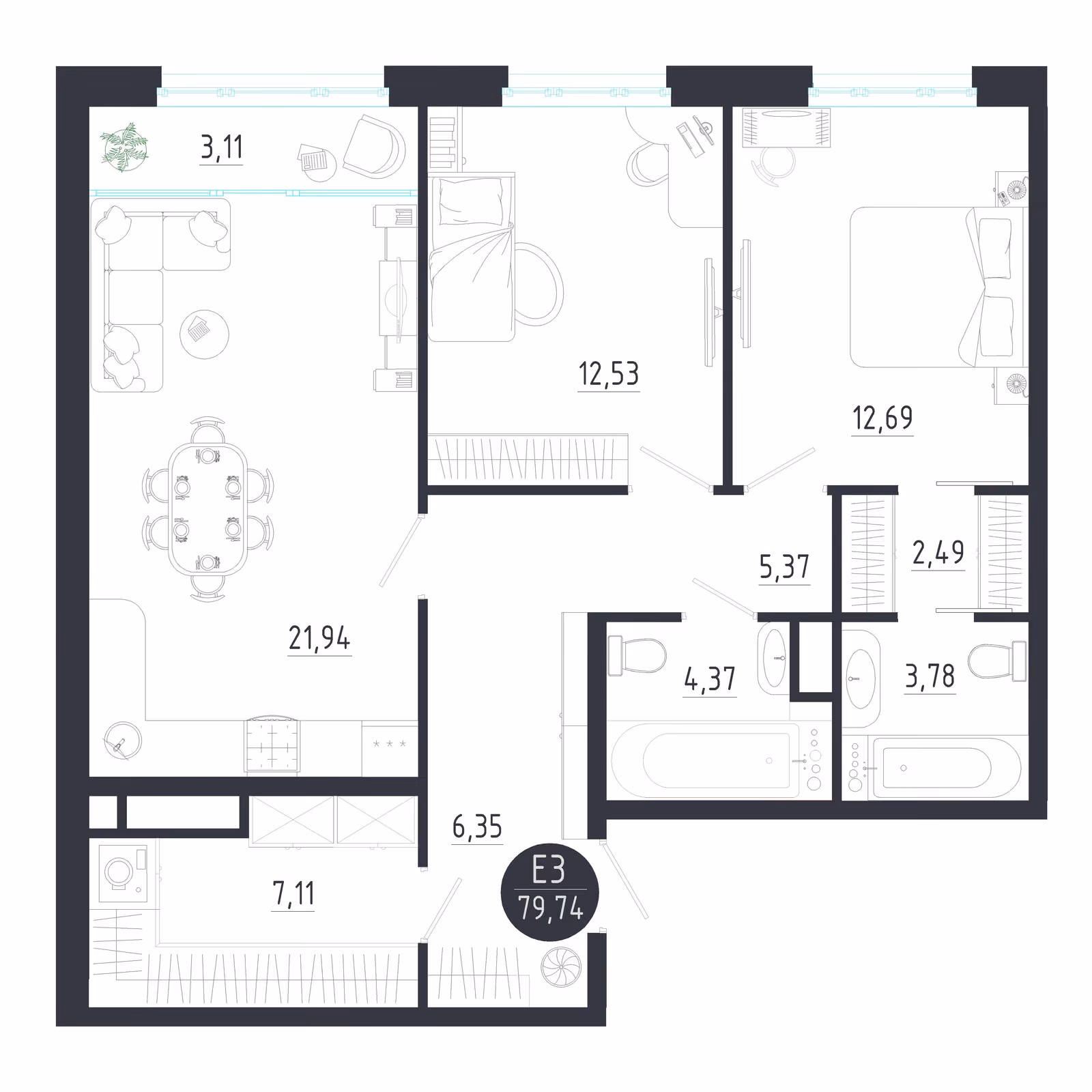 Планировка Квартира с двумя спальнями и гостиной 25 м² (Евро-3)
