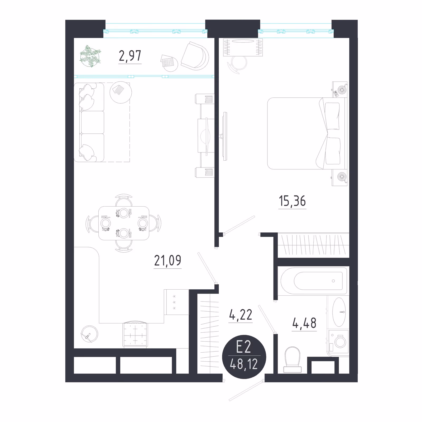 Планировка Квартира с одной спальней и гостиной 24 м² (Евро-2)