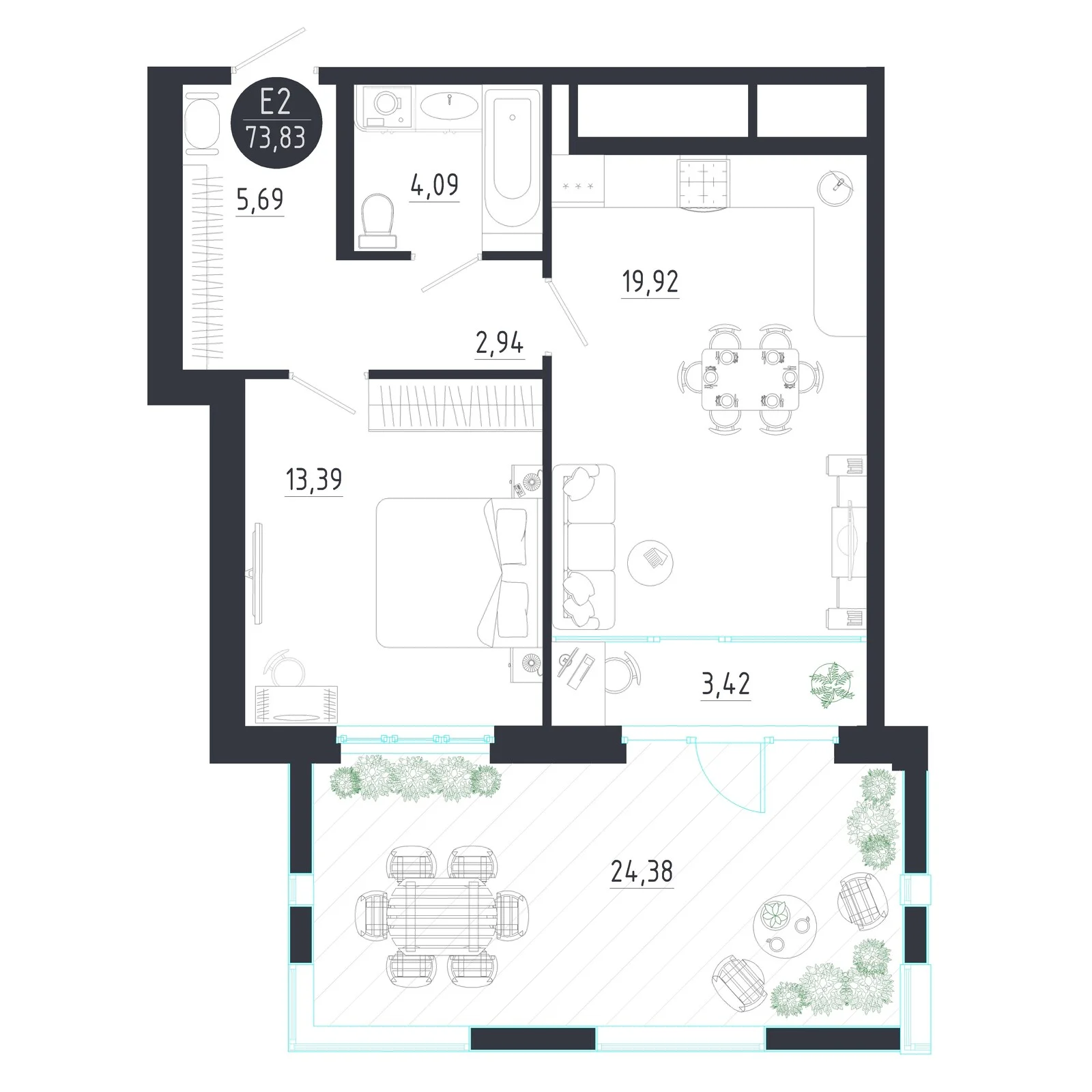 Планировка Квартира с одной спальней и гостиной 23 м² (Евро-2)