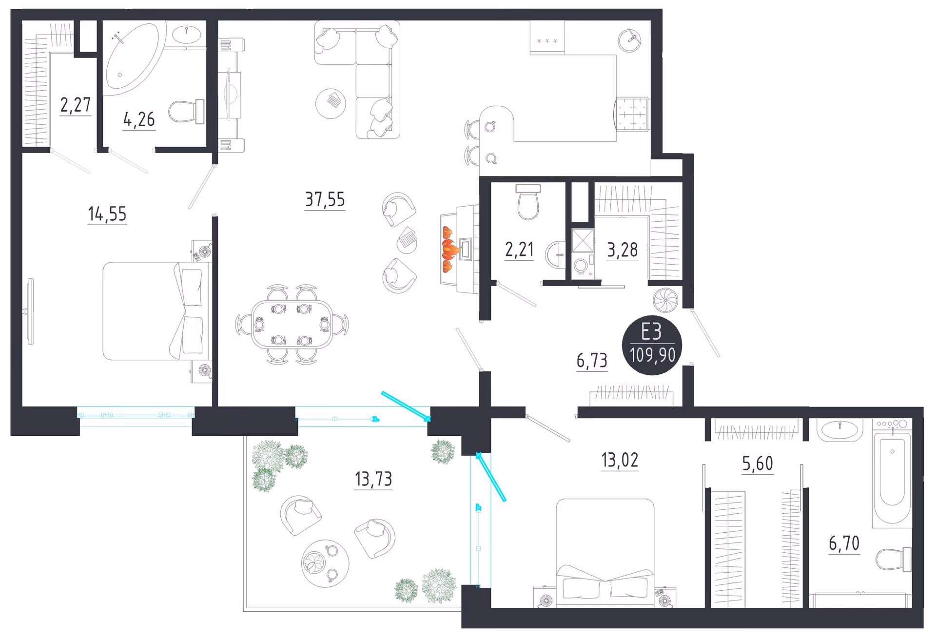 Планировка Квартира с двумя спальнями и гостиной 38 м² (Евро-3)