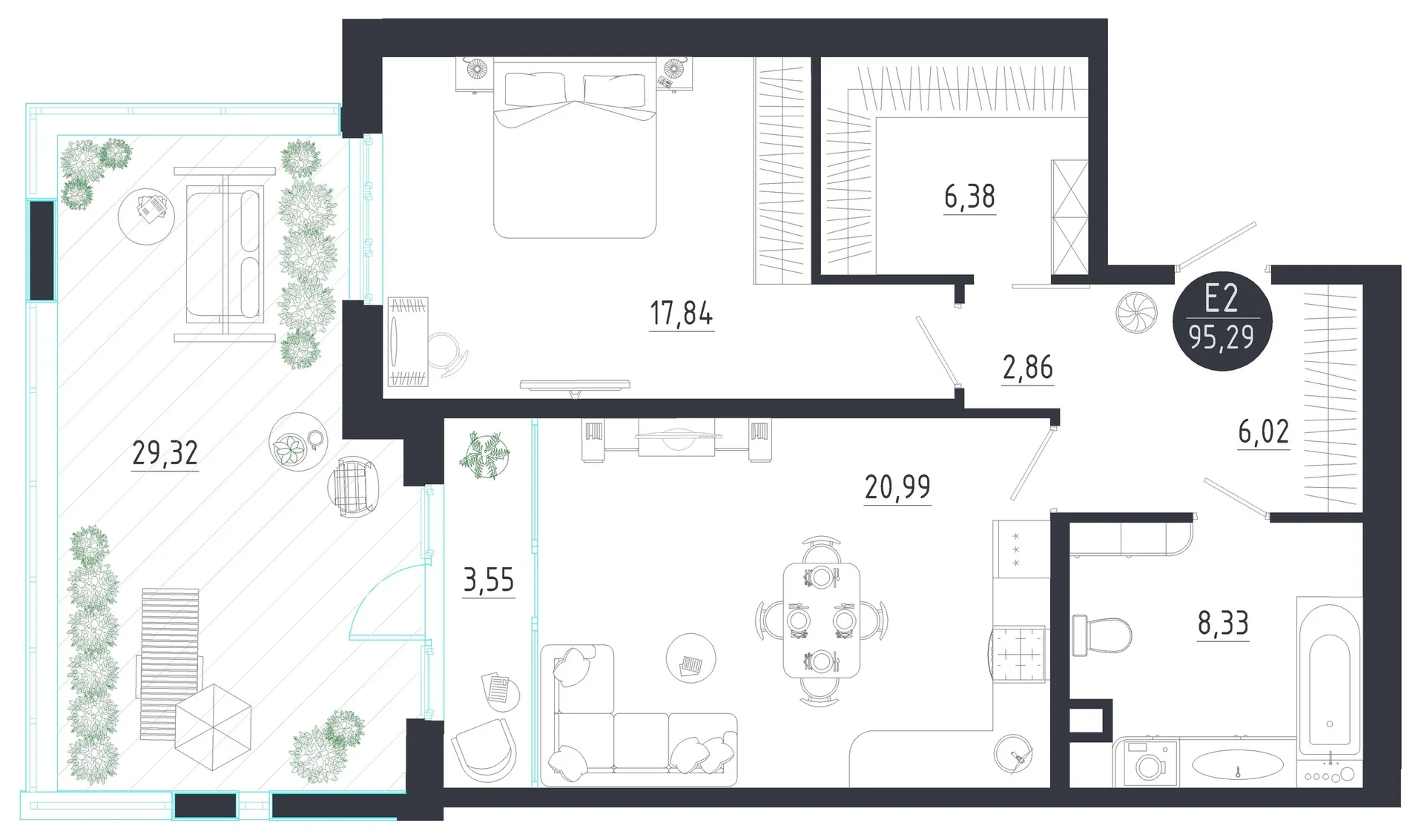 Планировка Квартира с одной спальней и гостиной 25 м² (Евро-2)