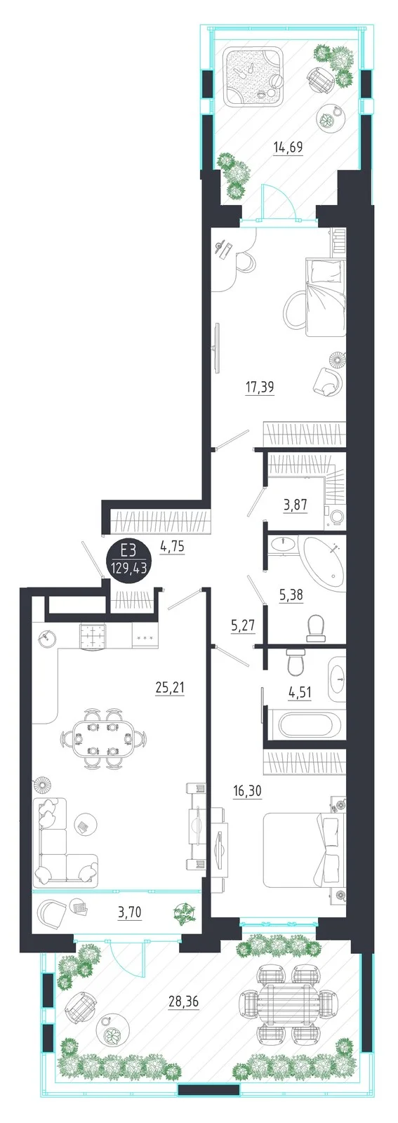 Планировка Квартира с двумя спальнями и гостиной 29 м² (Евро-3)
