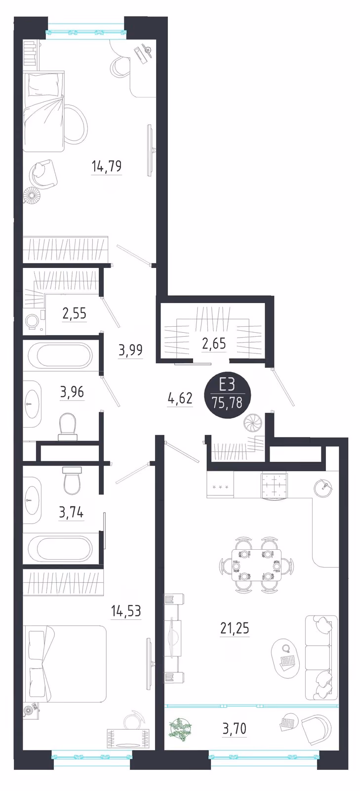 Планировка Квартира с двумя спальнями и гостиной 25 м² (Евро-3)