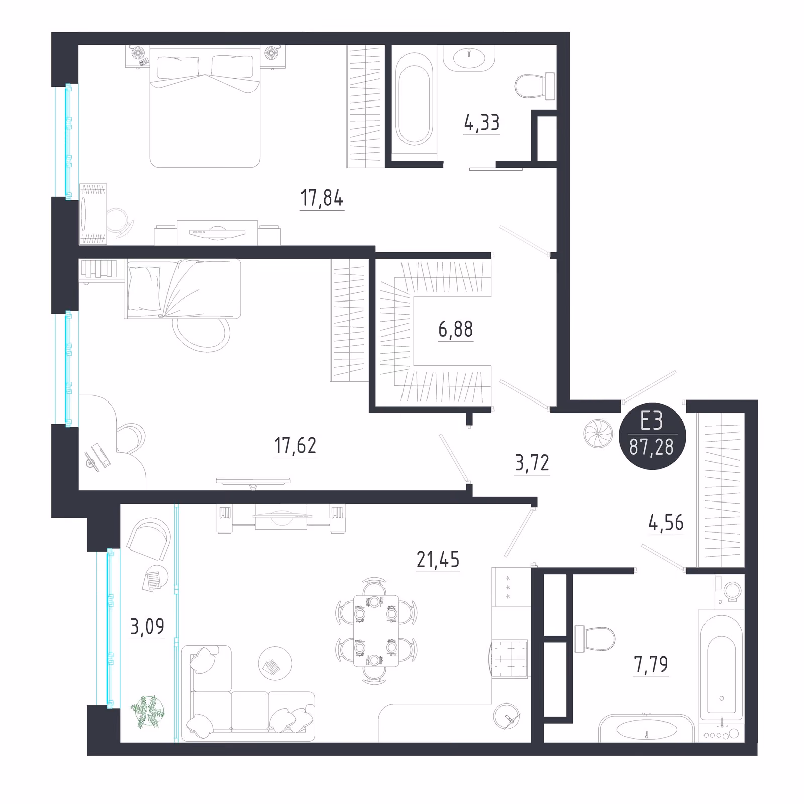 Планировка Квартира с двумя спальнями и гостиной 25 м² (Евро-3)