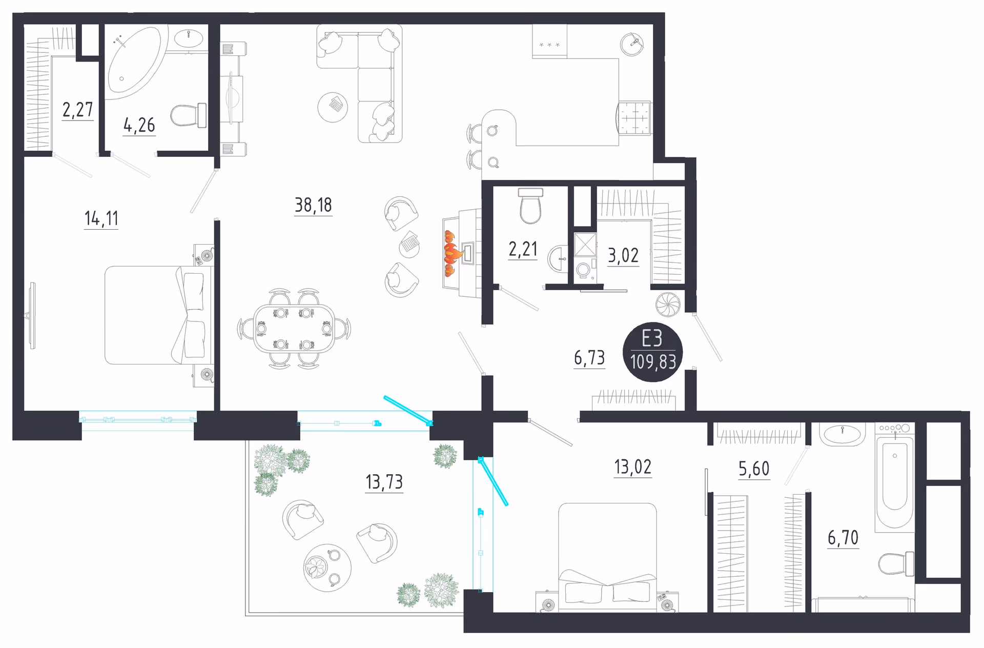 Планировка Квартира с двумя спальнями и гостиной 38 м² (Евро-3)