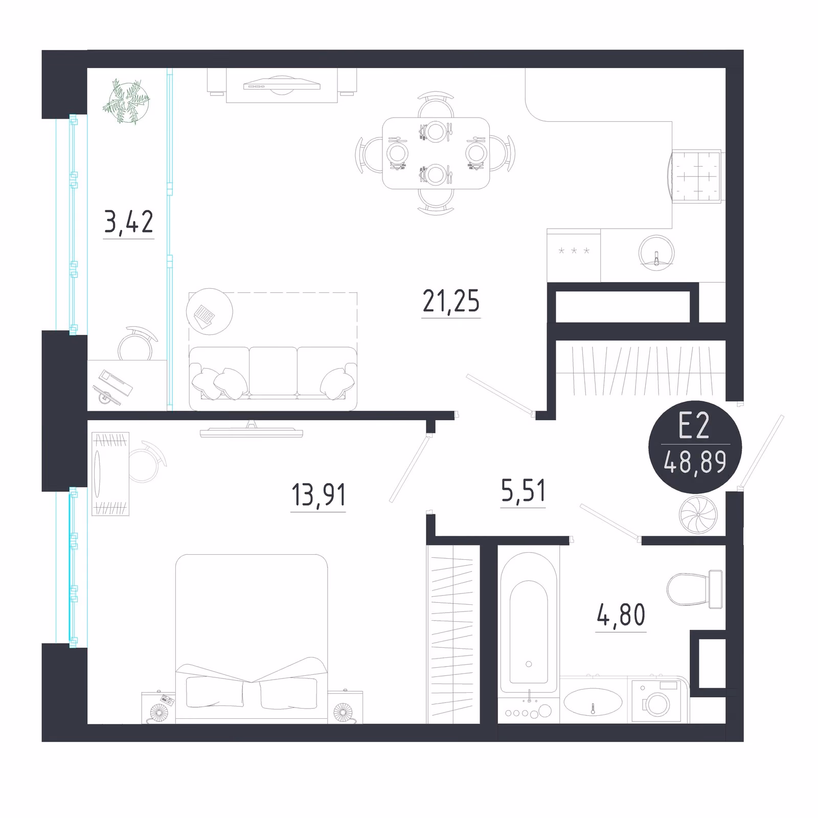 Планировка Квартира с одной спальней и гостиной 25 м² (Евро-2)