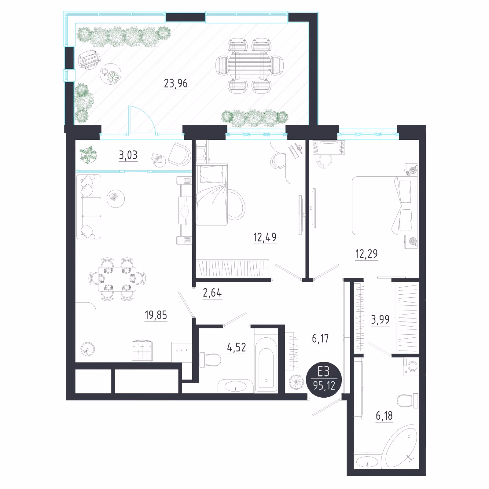Планировка Квартира с двумя спальнями и гостиной 23 м² (Евро-3)