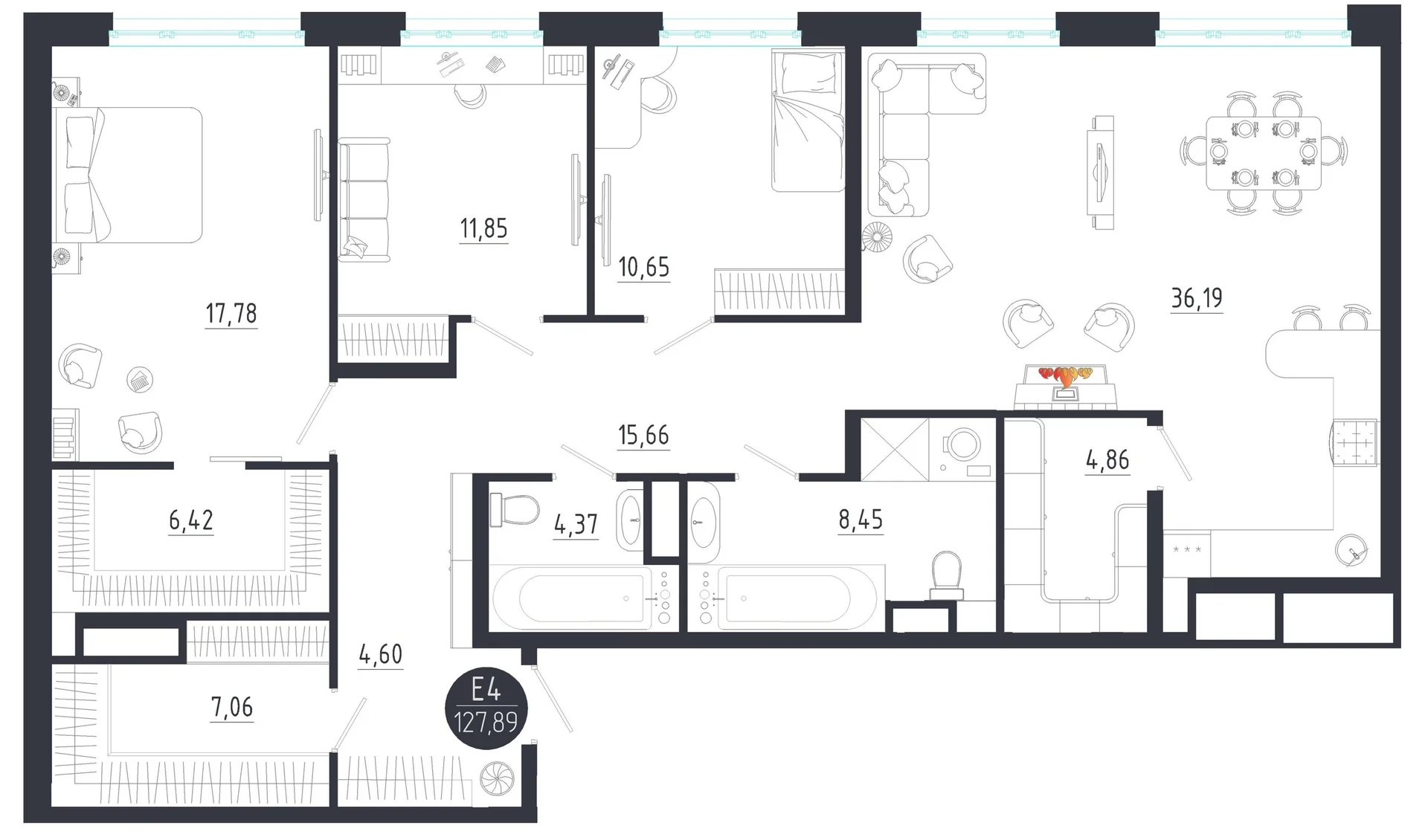 Планировка Квартира с тремя спальнями и гостиной 36 м² (Евро-4)
