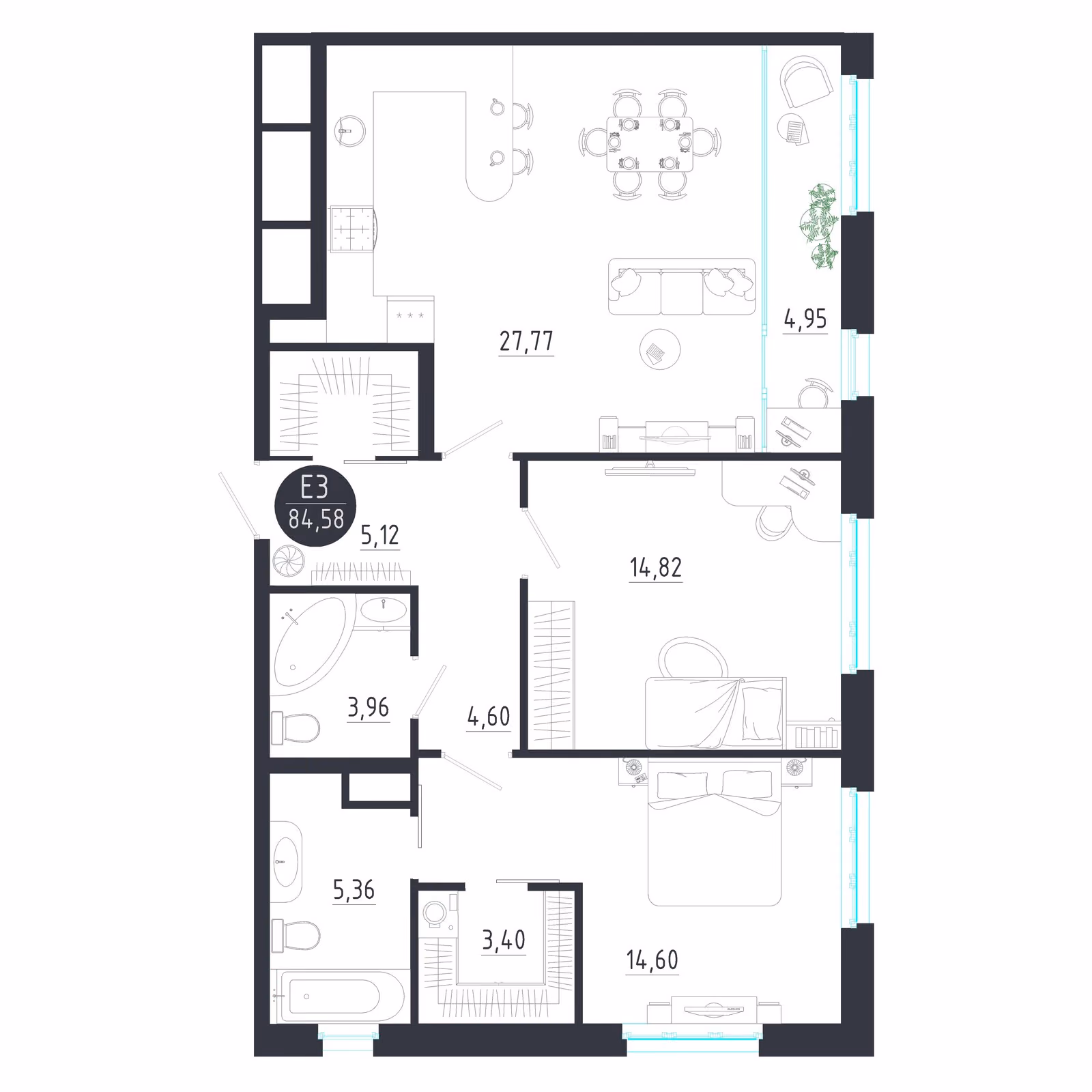 Планировка Квартира с двумя спальнями и гостиной 33 м² (Евро-3)
