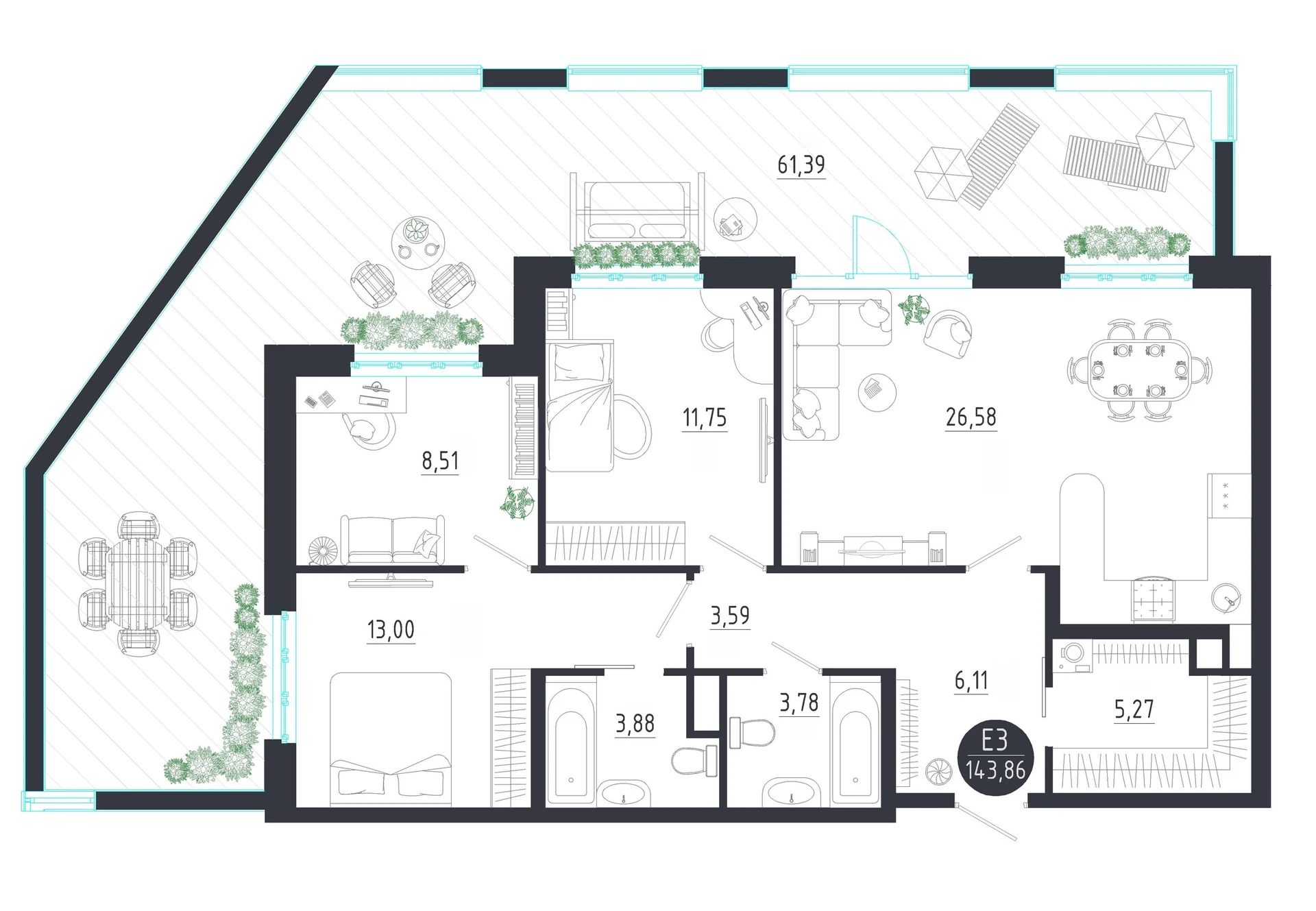 Планировка Квартира с двумя спальнями и гостиной 27 м² (Евро-3)