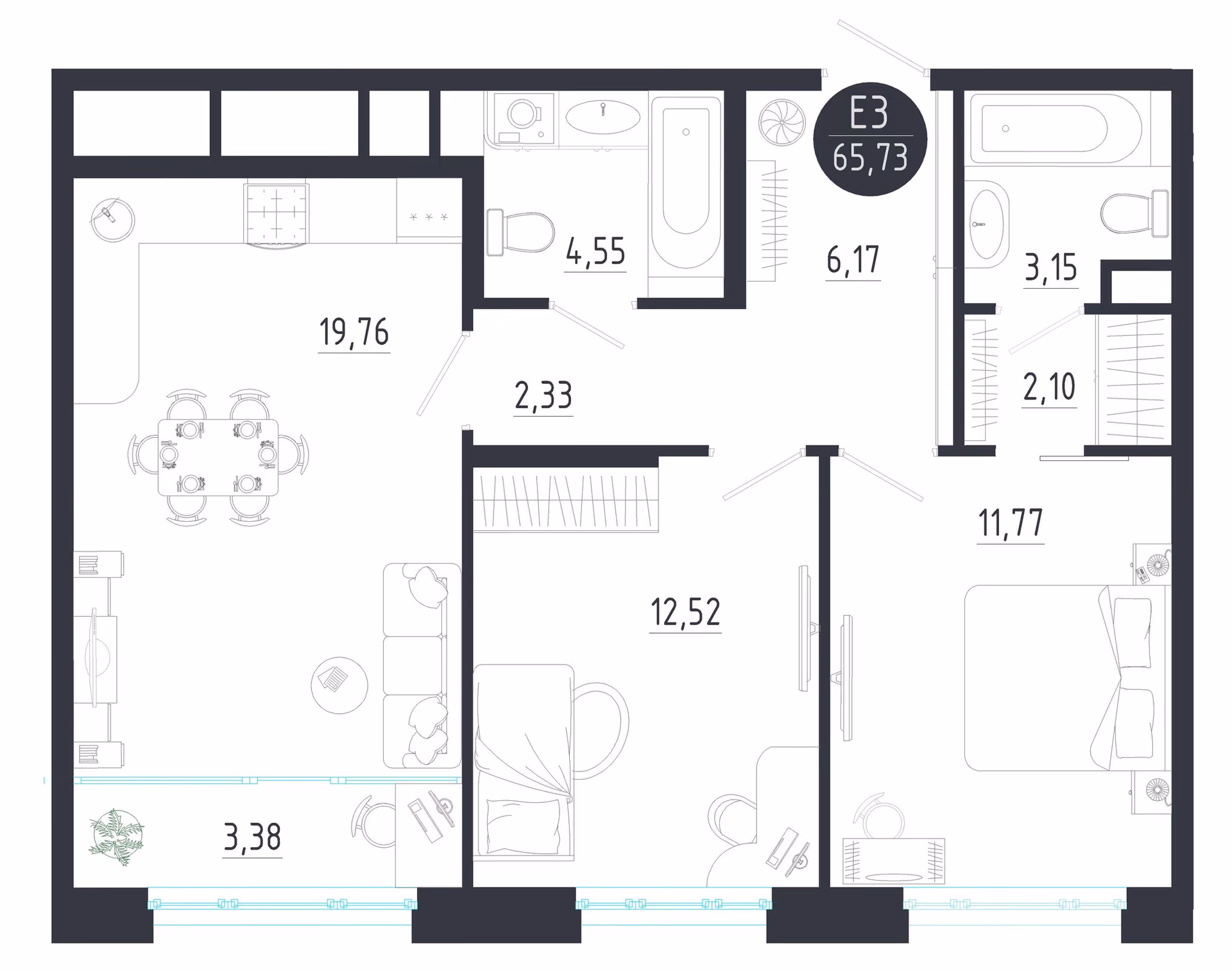 Планировка Квартира с двумя спальнями и гостиной 23 м² (Евро-3)