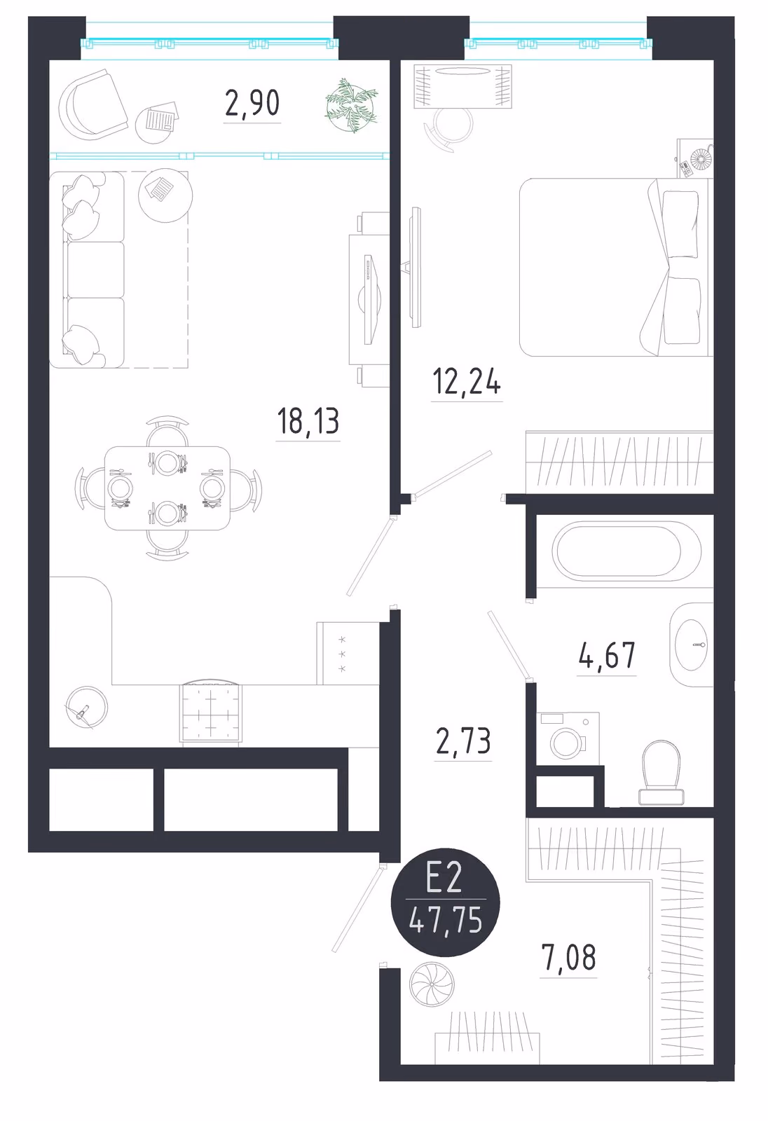 Планировка Квартира с одной спальней и гостиной 21 м² (Евро-2)
