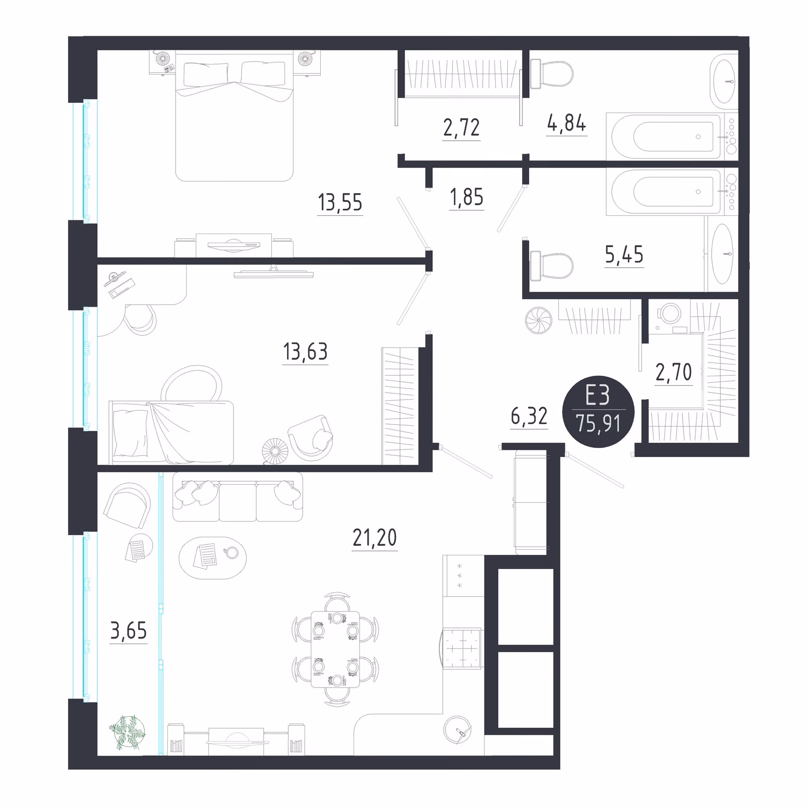 Планировка Квартира с двумя спальнями и гостиной 25 м² (Евро-3)