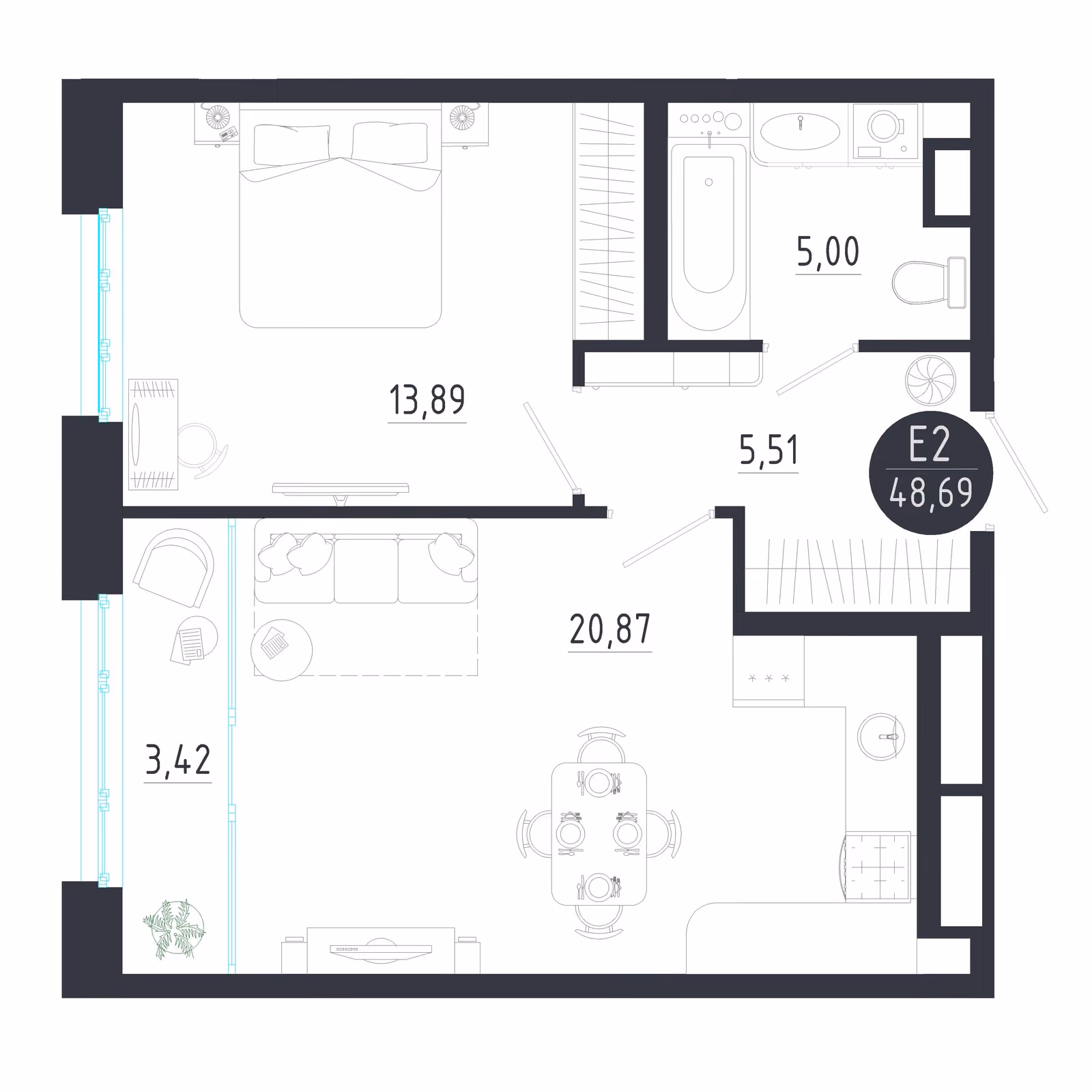 Планировка Квартира с одной спальней и гостиной 24 м² (Евро-2)