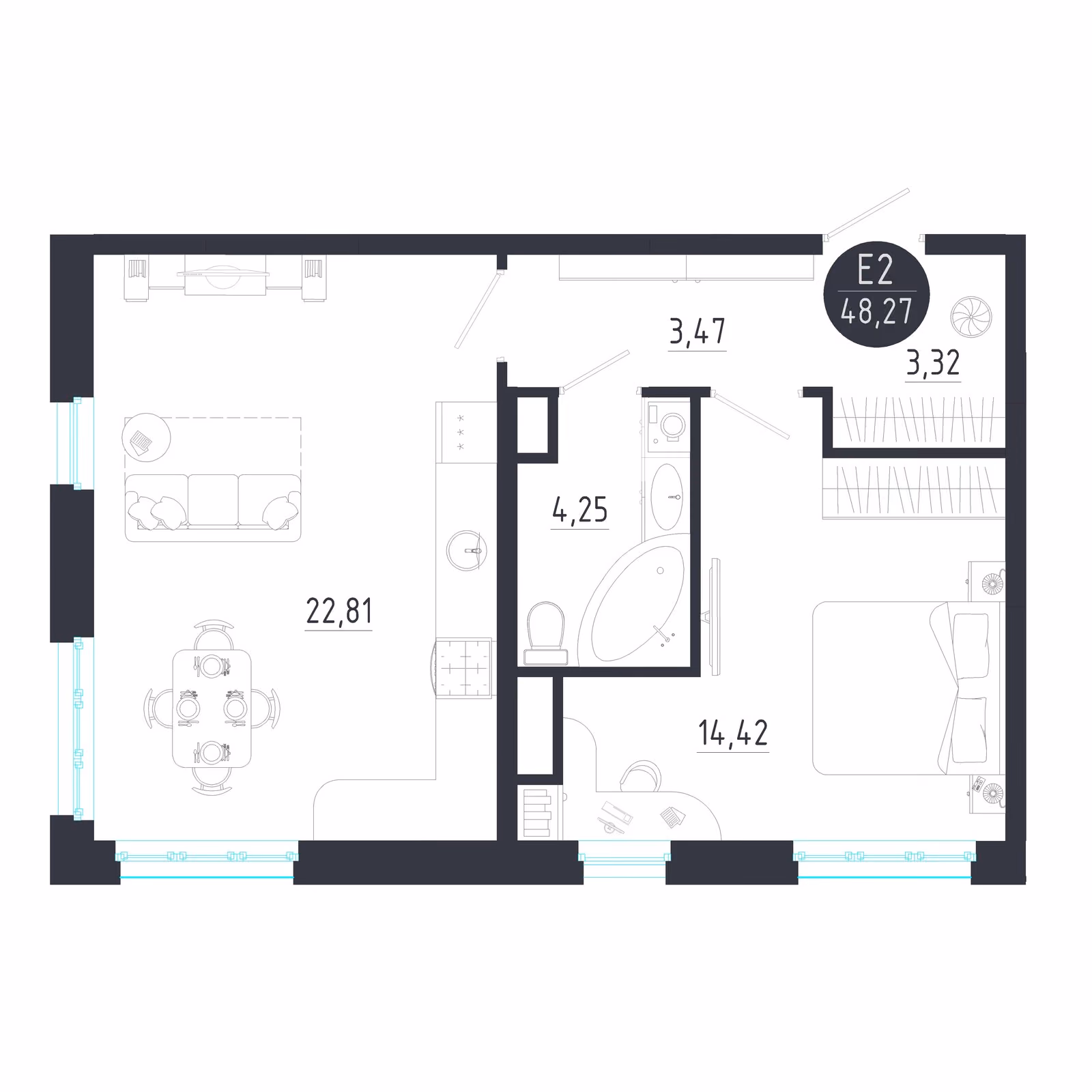 Планировка Квартира с одной спальней и гостиной 23 м² (Евро-2)