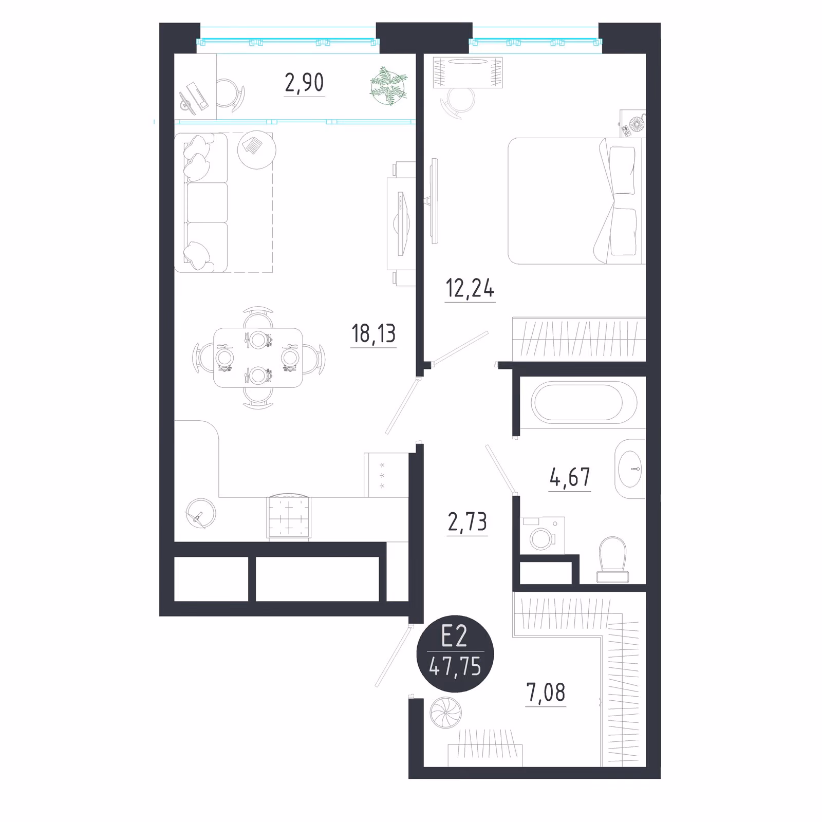 Планировка Квартира с одной спальней и гостиной 21 м² (Евро-2)