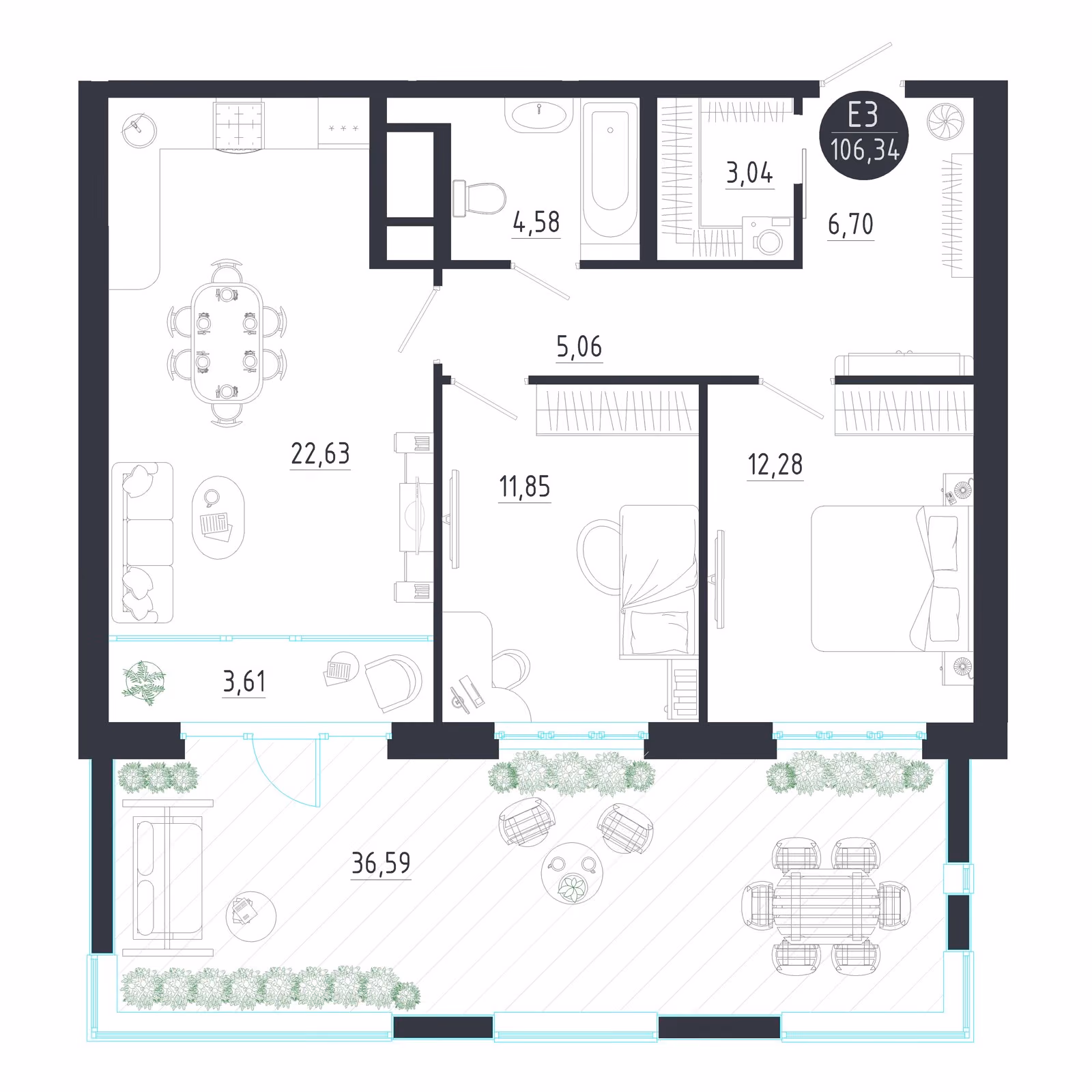 Планировка Квартира с двумя спальнями и гостиной 26 м² (Евро-3)