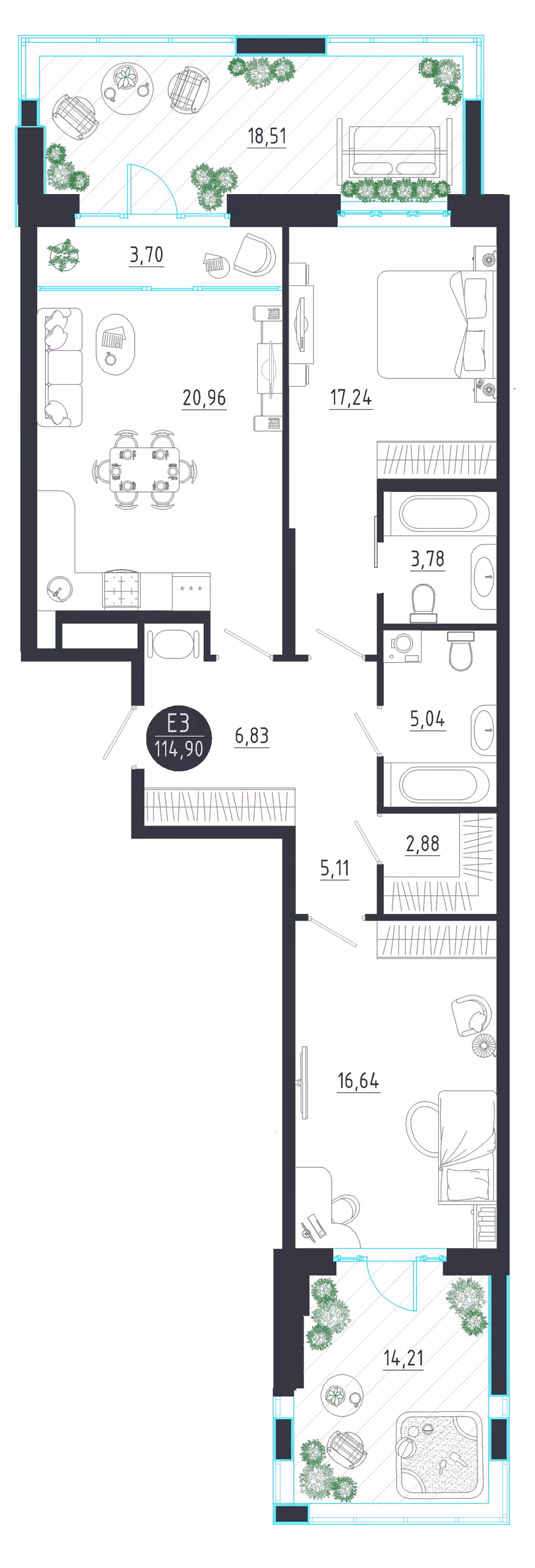 Планировка Квартира с двумя спальнями и гостиной 25 м² (Евро-3)