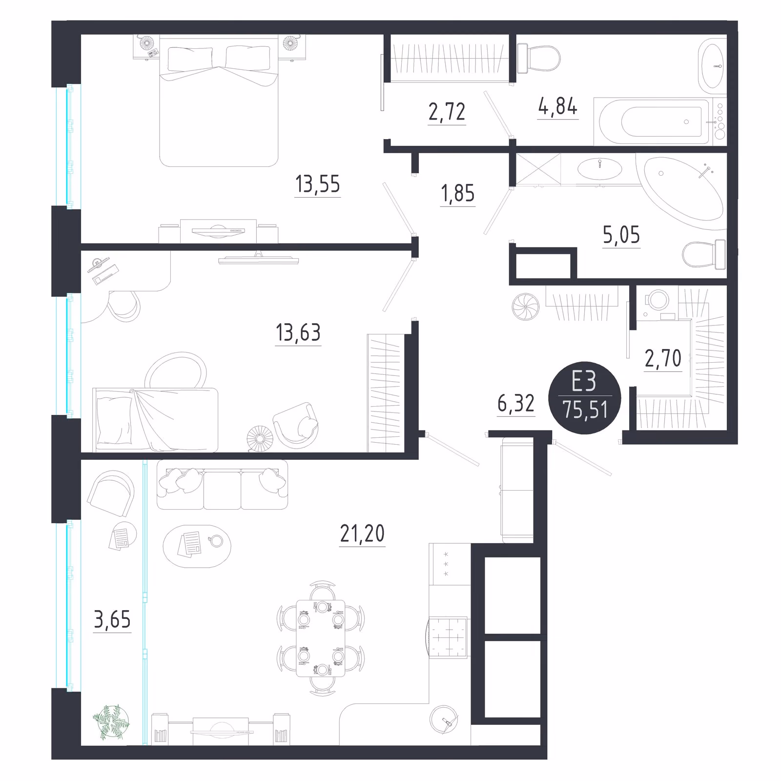 Планировка Квартира с двумя спальнями и гостиной 25 м² (Евро-3)