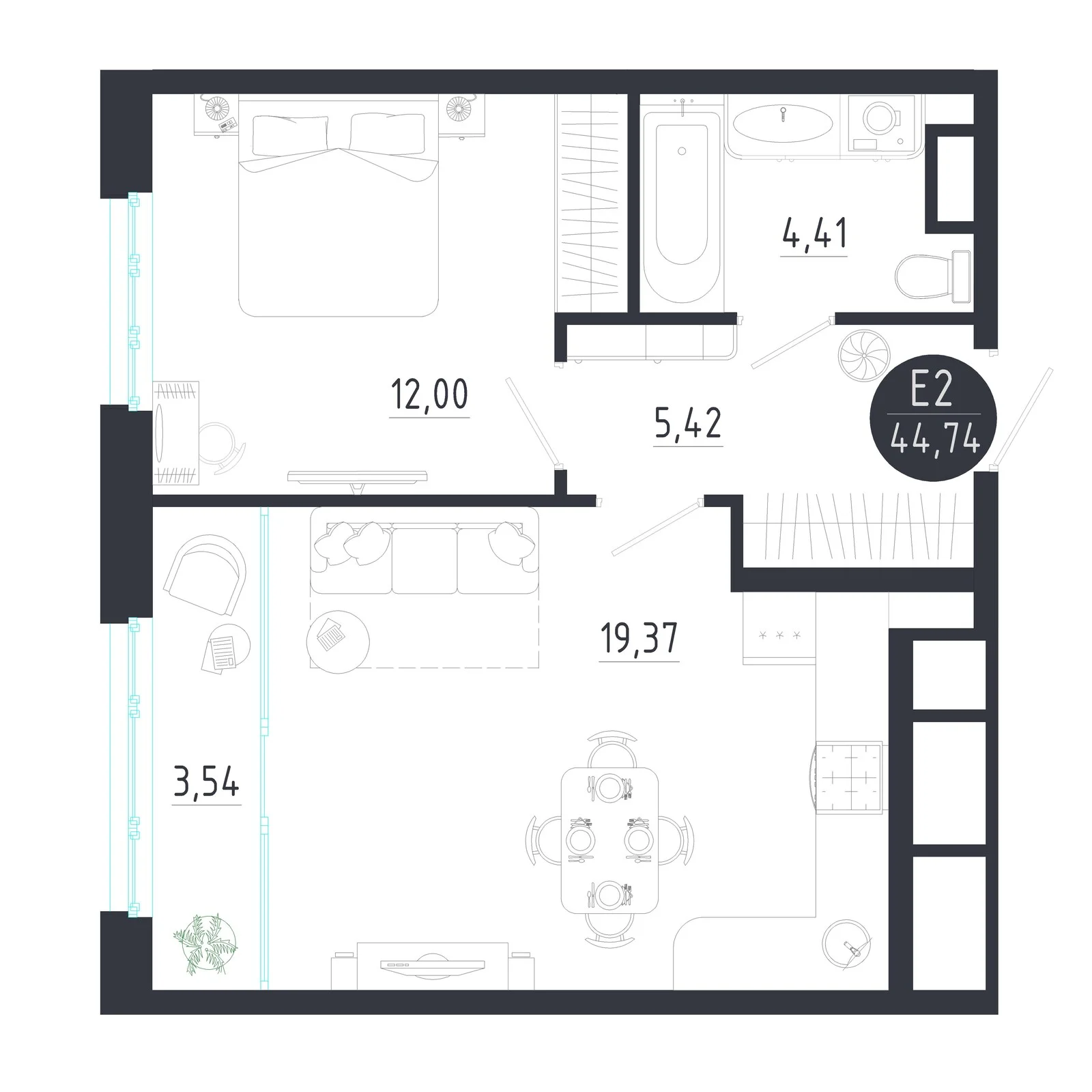 Планировка Квартира с одной спальней и гостиной 23 м² (Евро-2)