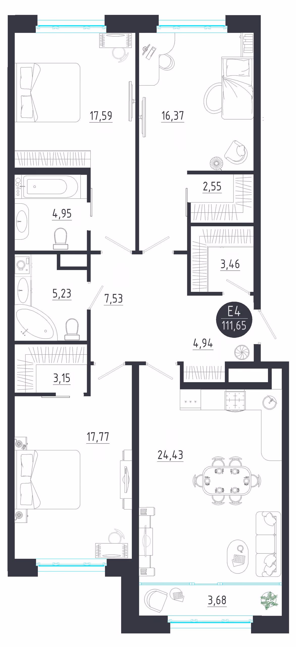 Планировка Квартира с тремя спальнями и гостиной 28 м² (Евро-4)
