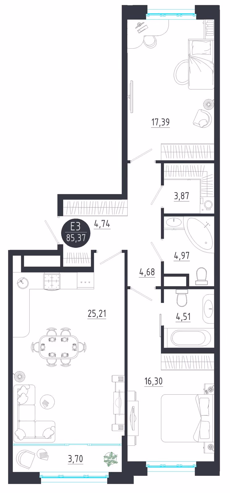 Планировка Квартира с двумя спальнями и гостиной 29 м² (Евро-3)
