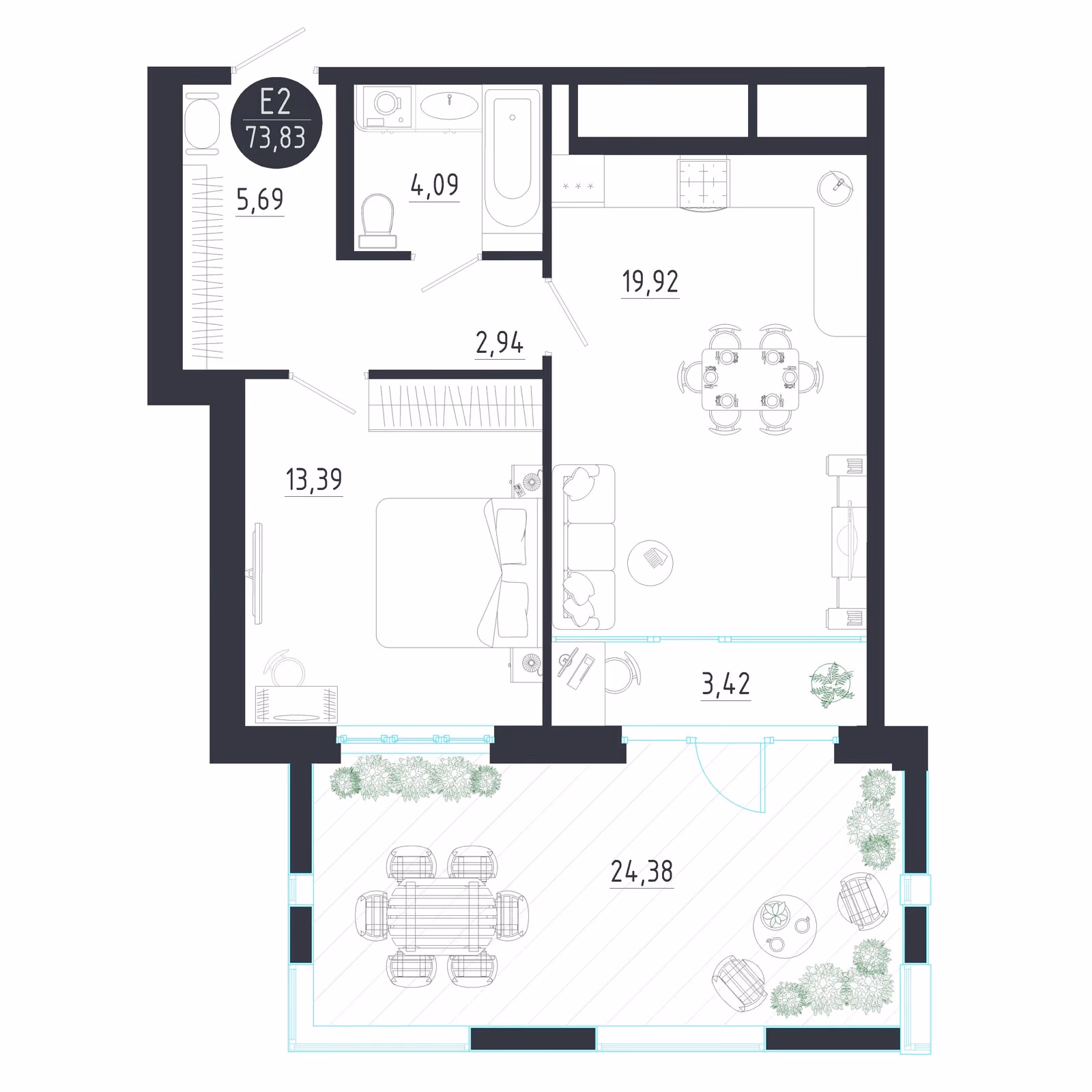 Планировка Квартира с одной спальней и гостиной 23 м² (Евро-2)