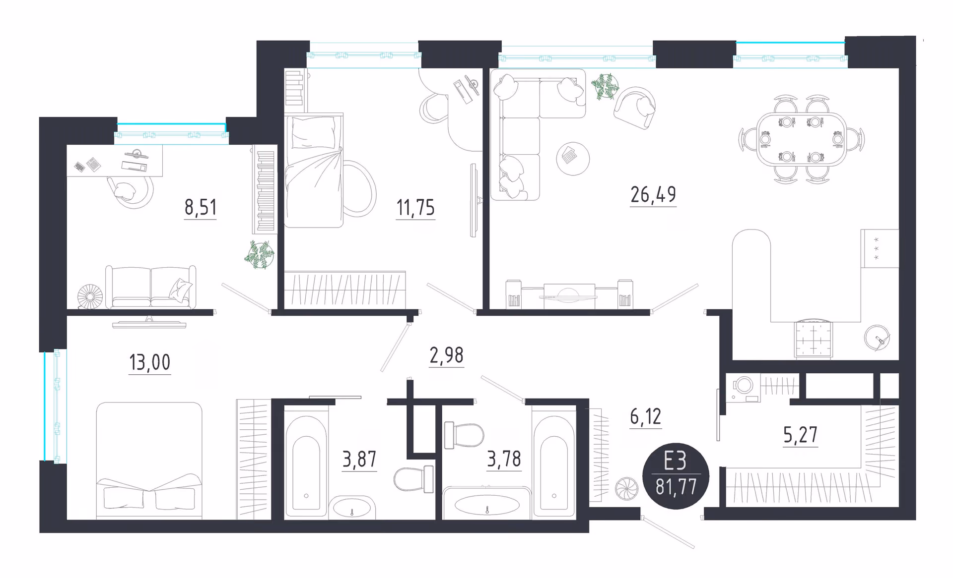 Планировка Квартира с двумя спальнями и гостиной 26 м² (Евро-3)