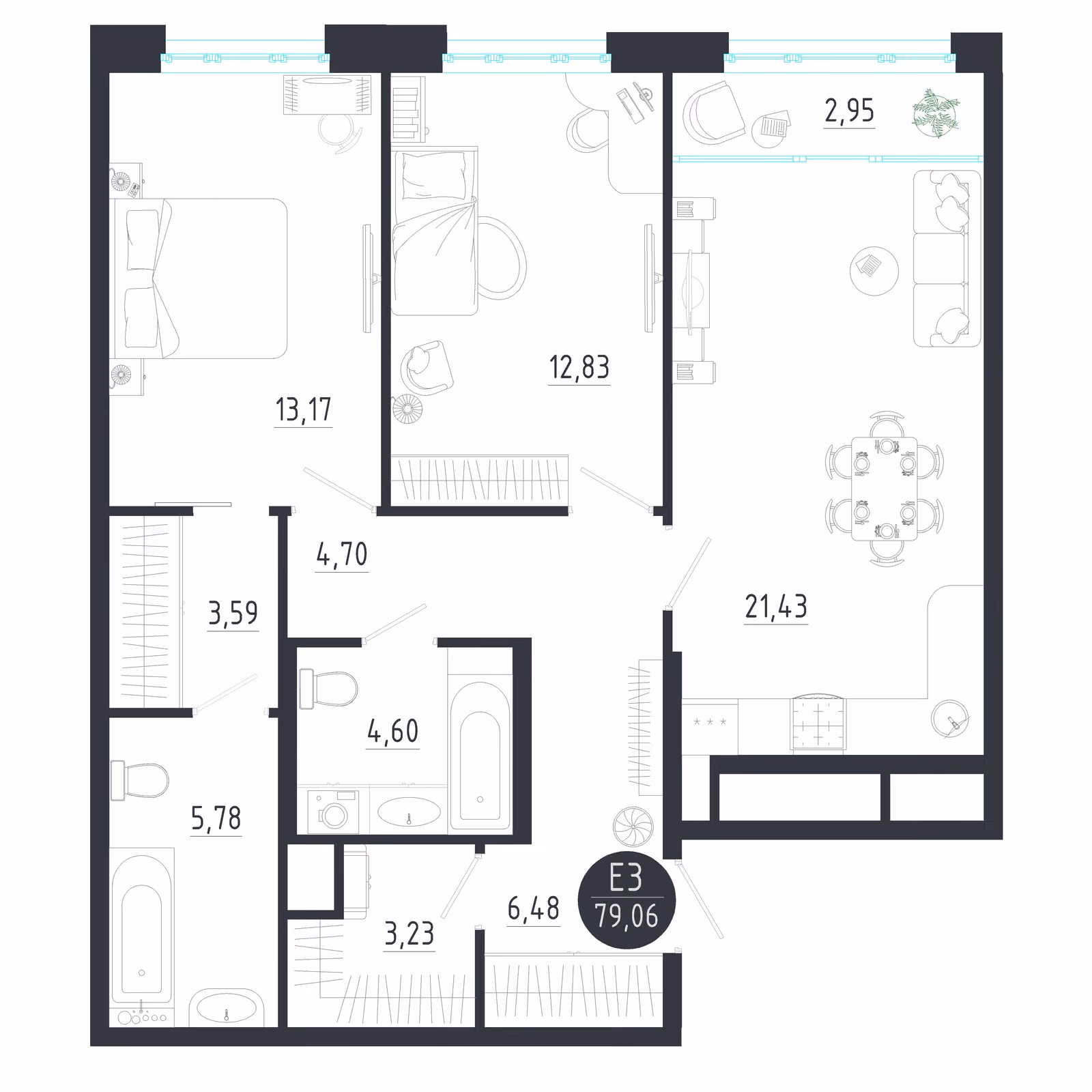 Планировка Квартира с двумя спальнями и гостиной 24 м² (Евро-3)