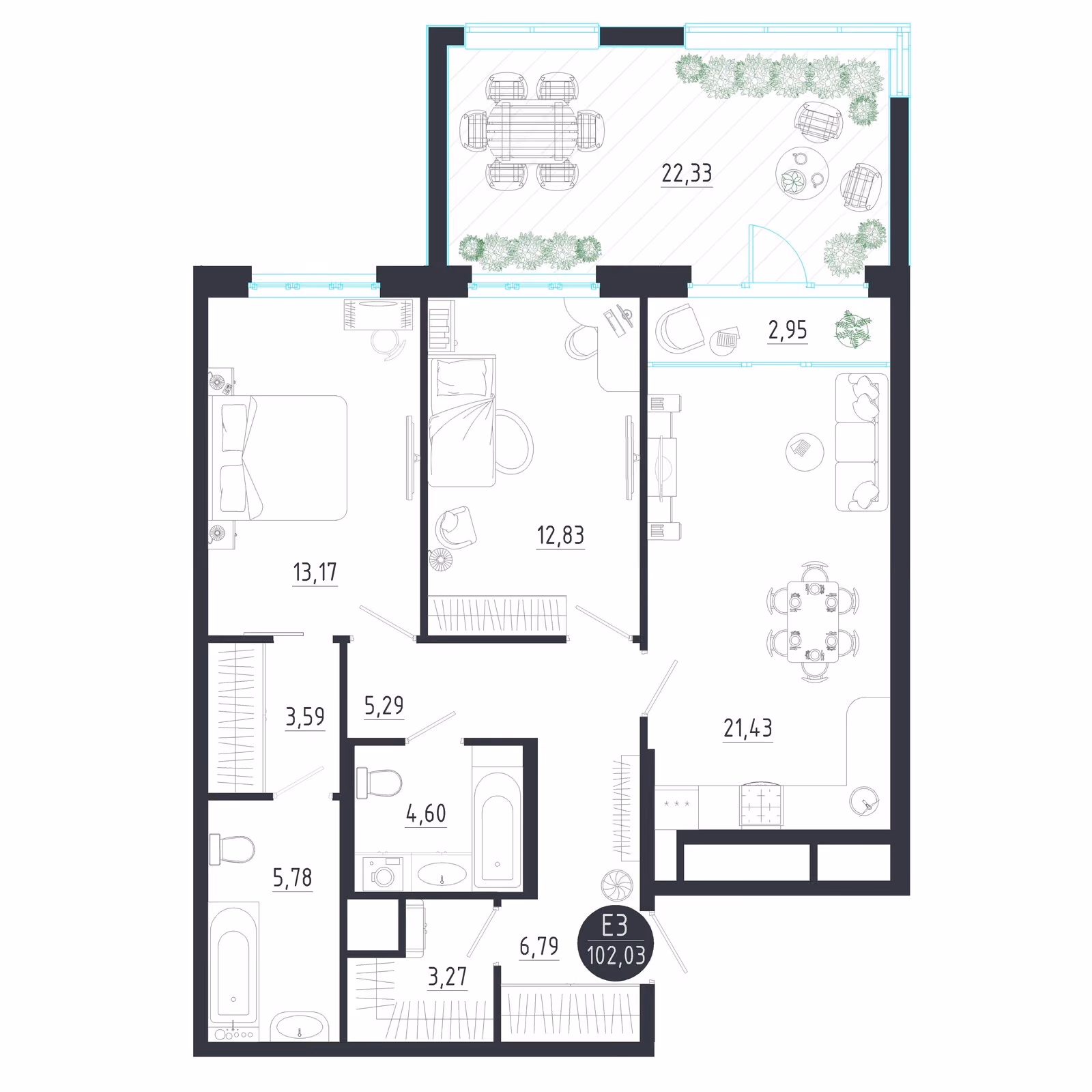 Планировка Квартира с двумя спальнями и гостиной 24 м² (Евро-3)