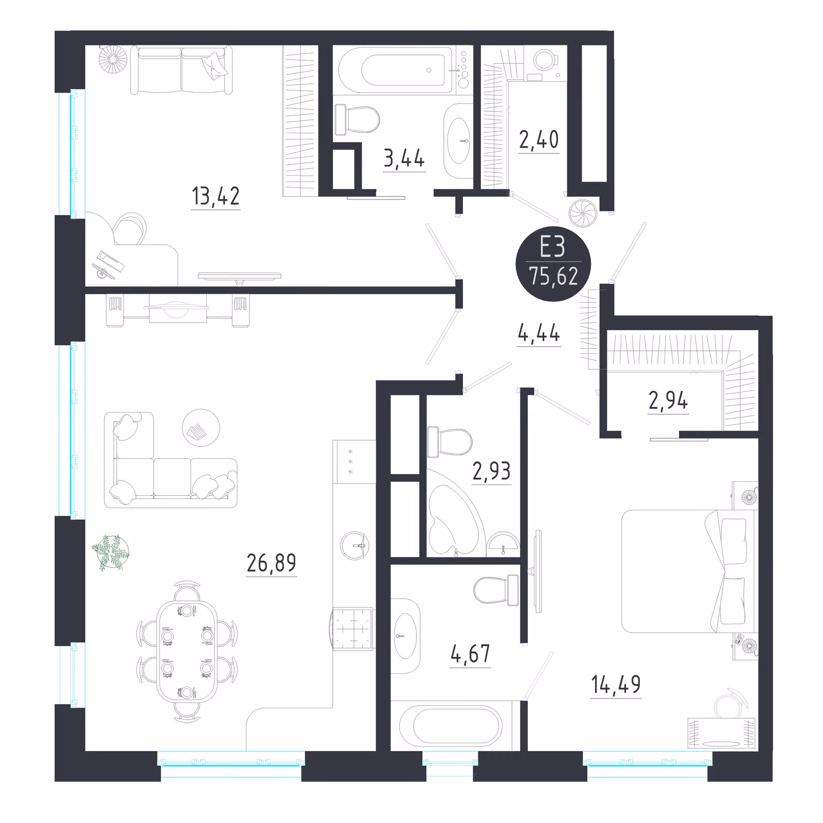 Планировка Квартира с двумя спальнями и гостиной 27 м² (Евро-3)