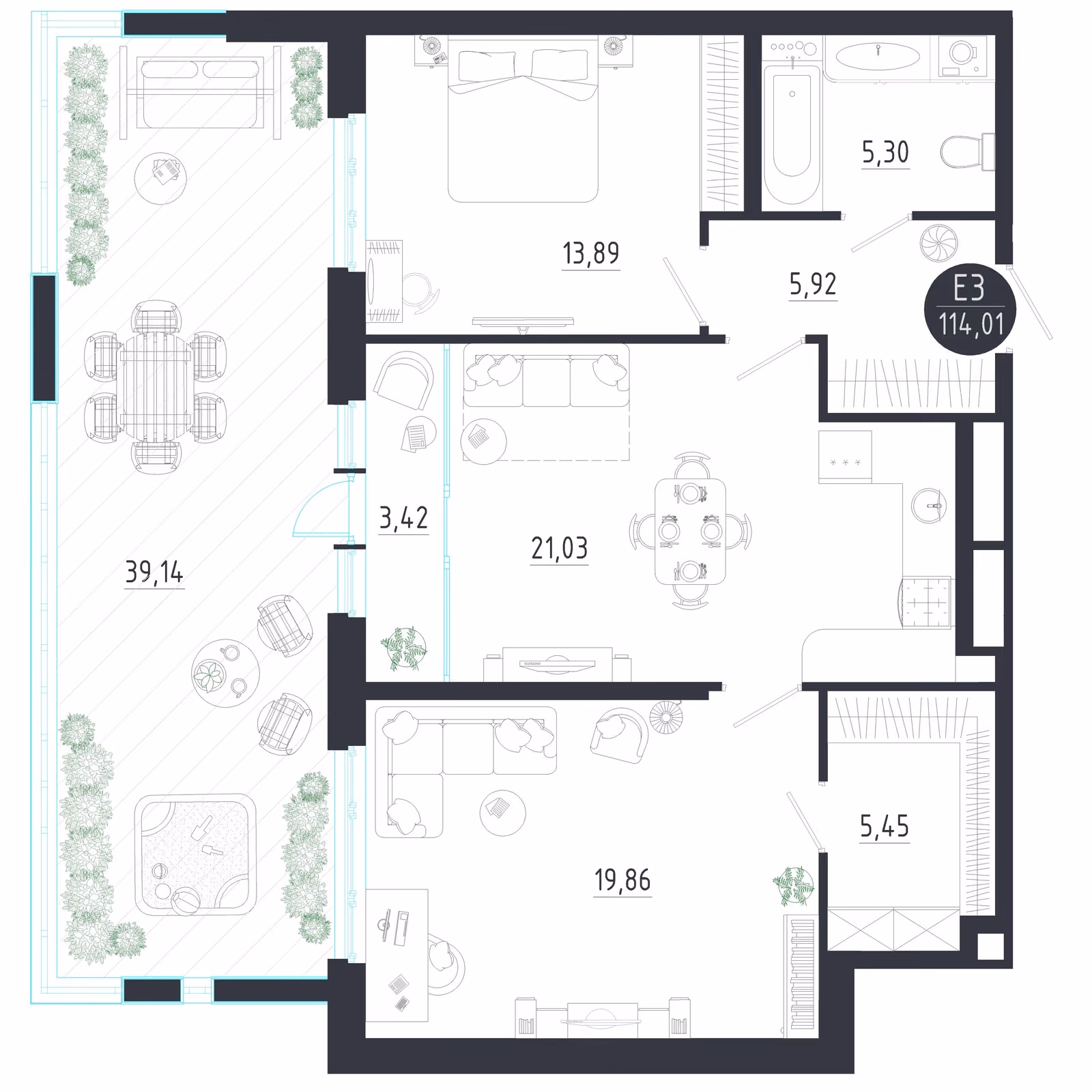 Планировка Квартира с двумя спальнями и гостиной 24 м² (Евро-3)