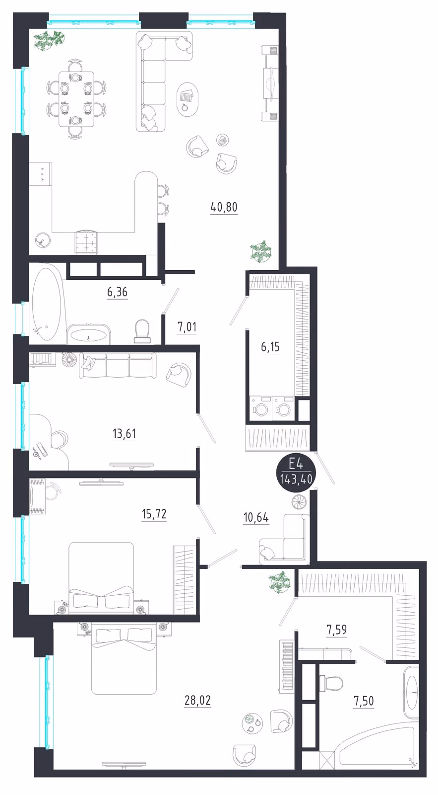 Планировка Квартира с тремя спальнями и гостиной 41 м² (Евро-4)