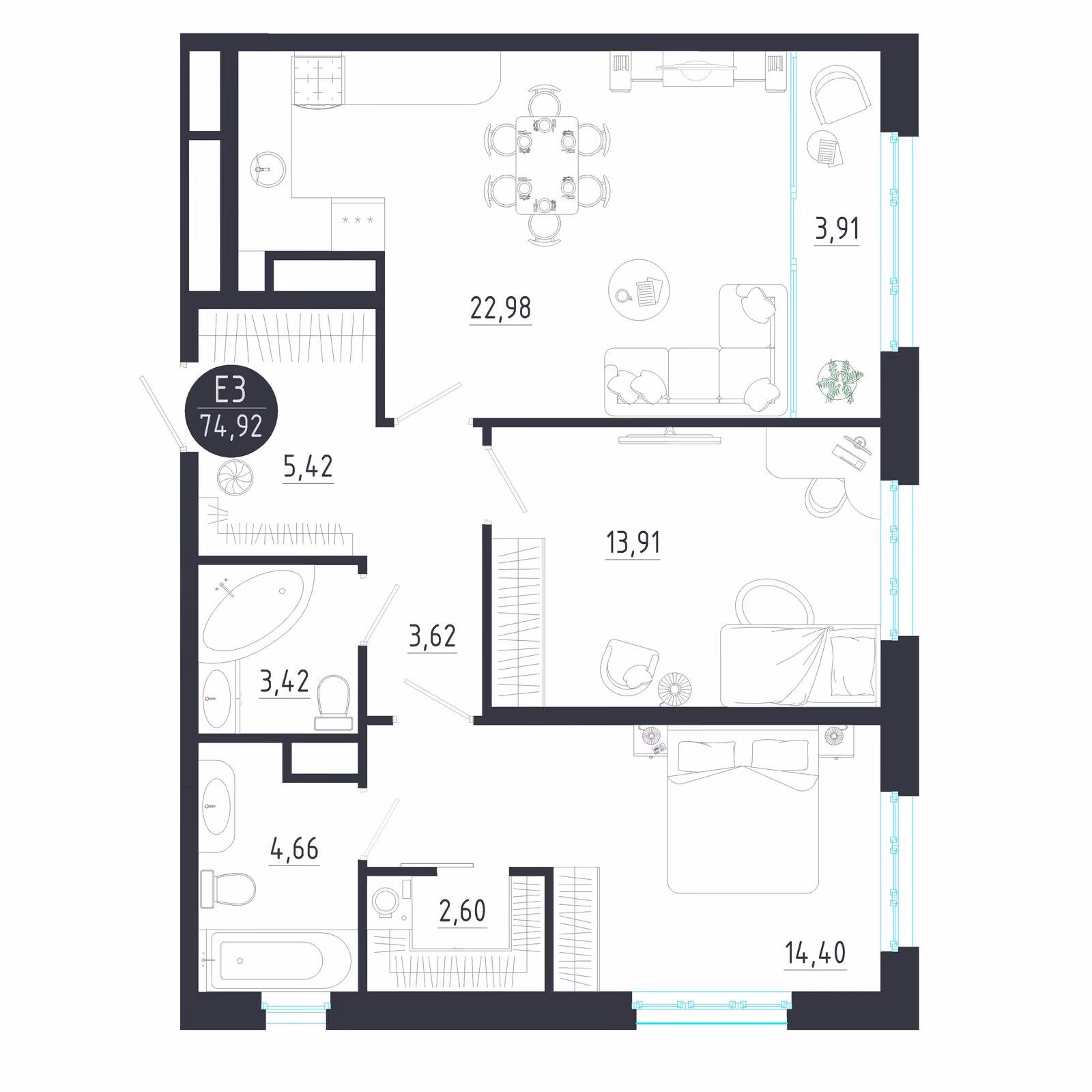 Планировка Квартира с двумя спальнями и гостиной 27 м² (Евро-3)