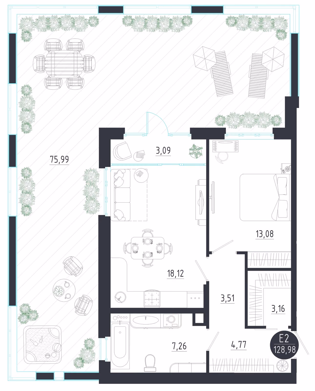 Планировка Квартира с одной спальней и гостиной 21 м² (Евро-2)