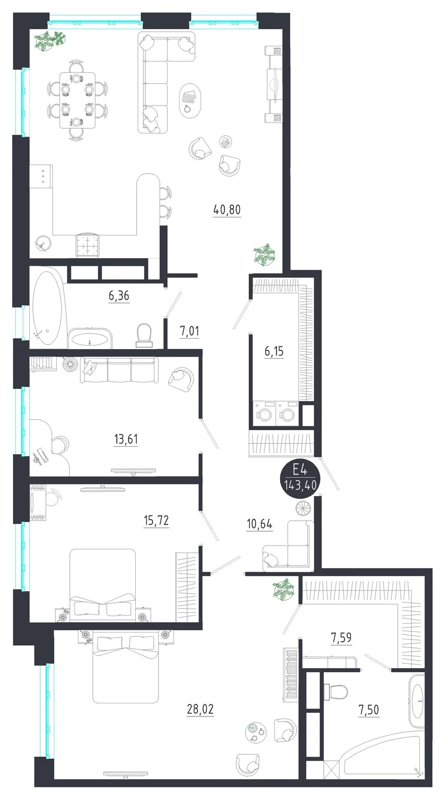 Планировка Квартира с тремя спальнями и гостиной 41 м² (Евро-4)