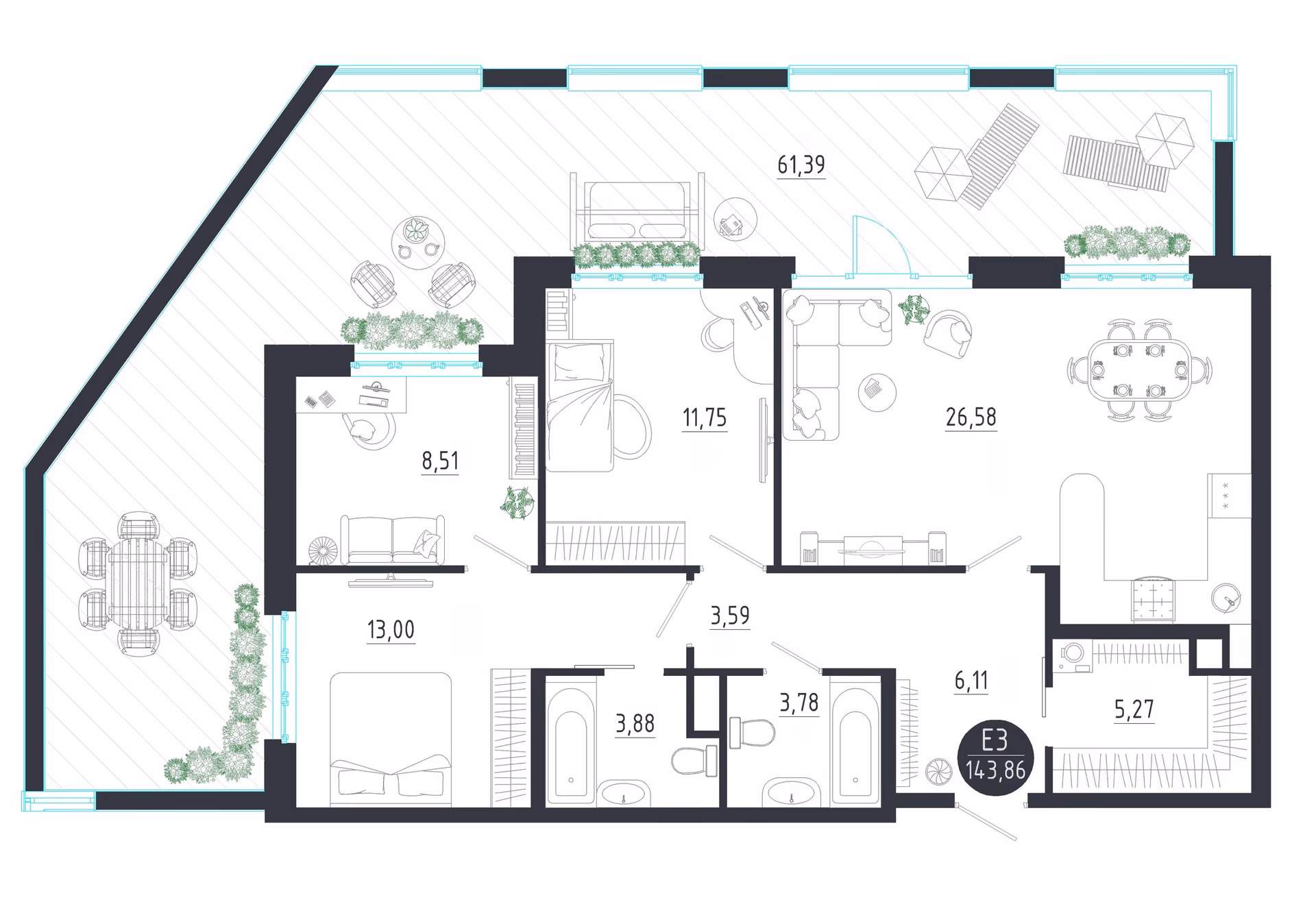 Планировка Квартира с двумя спальнями и гостиной 27 м² (Евро-3)